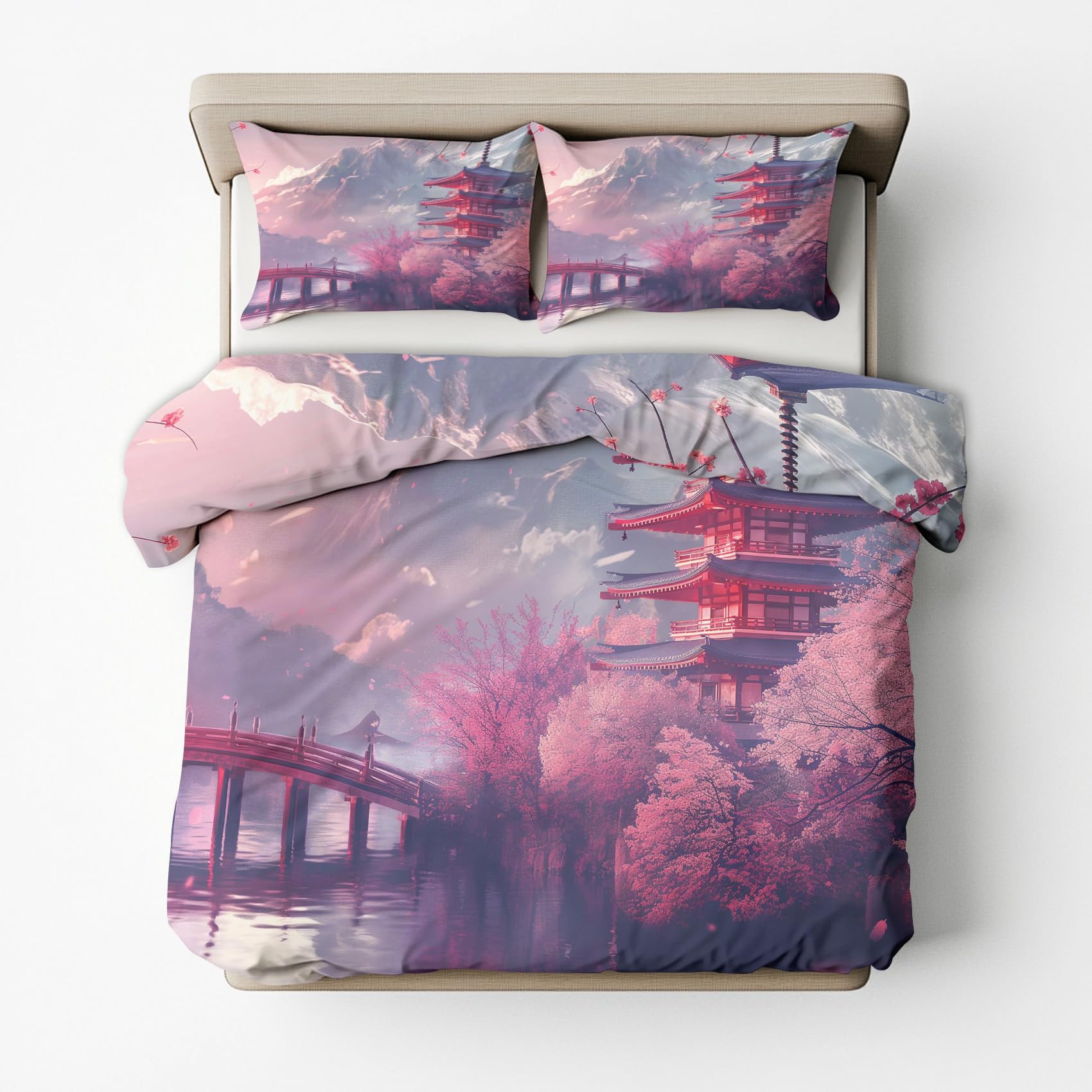 Japanisch Bettwäsche 155x200 2tlg, Tempel Pagode Wendebettwäsche und 1 Kissenbezüge 80x80, Weiche Mikrofaser Bettbezug mit Reißverschluss, Schlafzimmer Deko, Geschenke