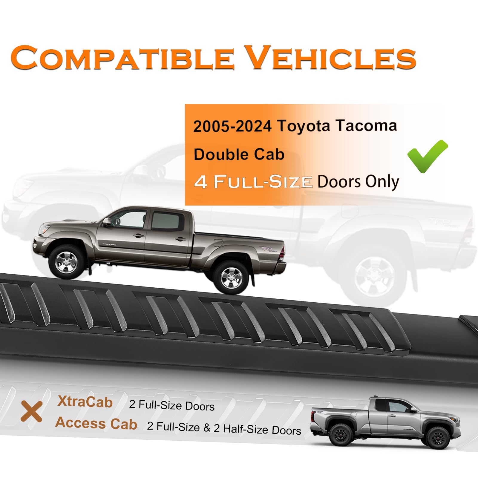 Running Boards for 2005-2024 Toyota Tacoma - Double Cab (4 Full Size Doors) Black Aluminum Alloy Side Steps Rails Nerf Bars 6