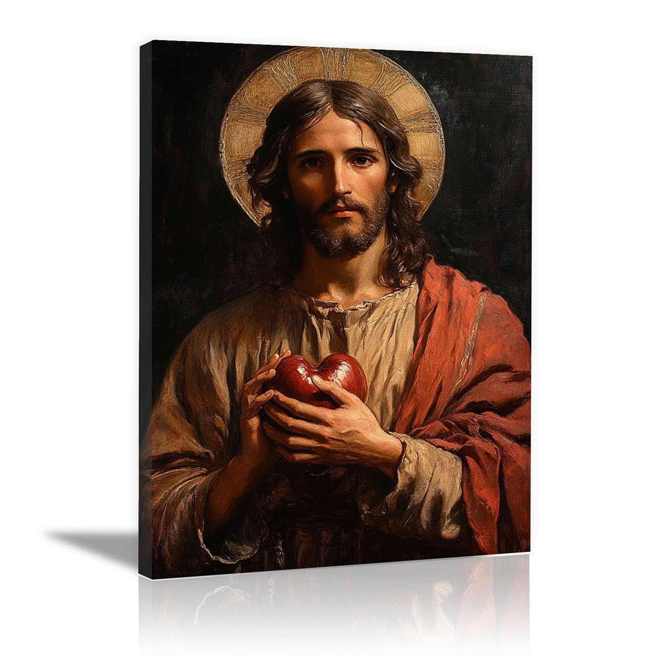 QUSAAOU Jesus Wall Portrait the Sacred Heart Jesus Decor Vintage Religious Prints Painting Neutral God Poster Artwork Living Room Bedroom Hallway Home Decoration(brown)-70x100cm Framed