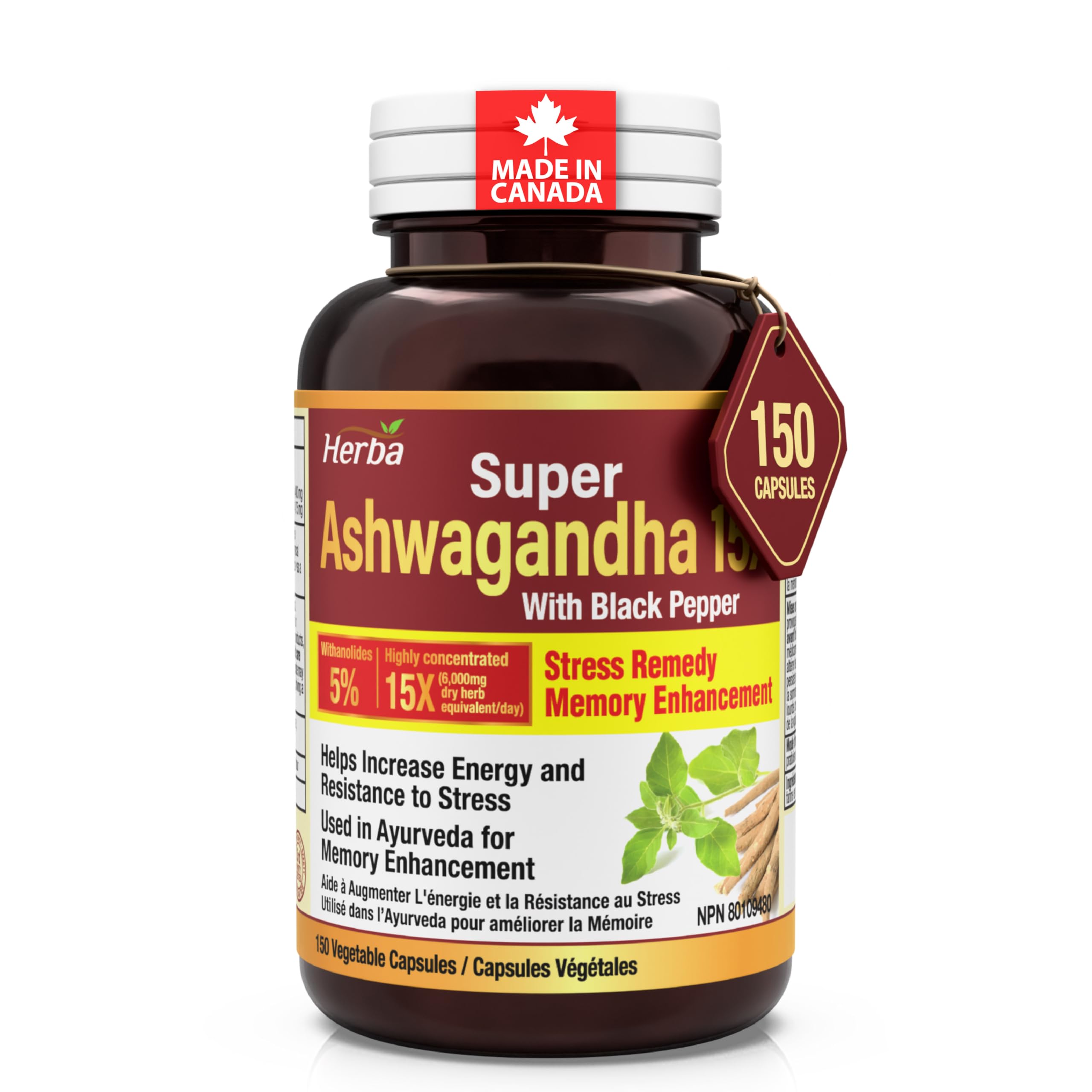 Herba Ashwagandha Supplement - 150 Capsules | 6000mg Per Day | 15:1 Concentrated Ashwagandha Capsule with Black Pepper | Adaptogen for Energy & Stress | Made in Canada