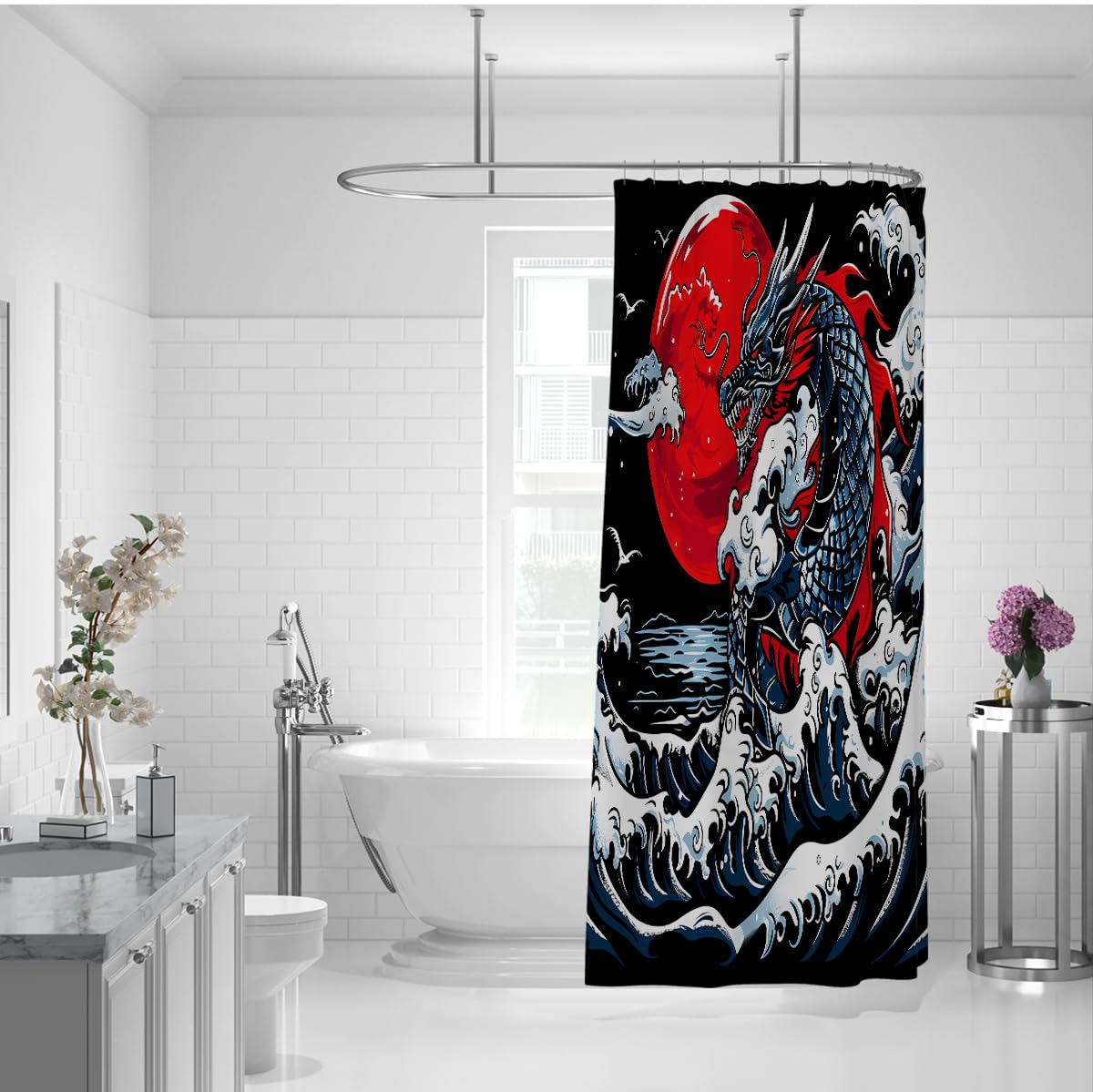 Rideau de Douche bête est-Asiatique Mythique Vagues océan 180 x 180 cm