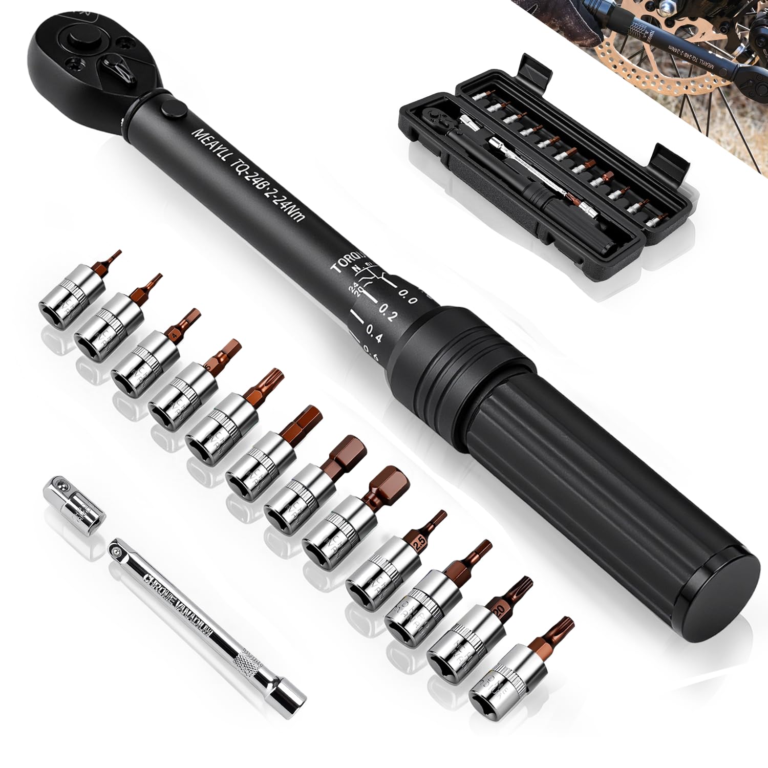 Clé dynamométrique vélo 1/4" 2–24 Nm, précision ±3%, cliquet réversible 72 dents, kit clé dynamométrique moto avec 12 embouts, adaptateur 1/4" à 3/8" et rallonge 100 mm (Noir)