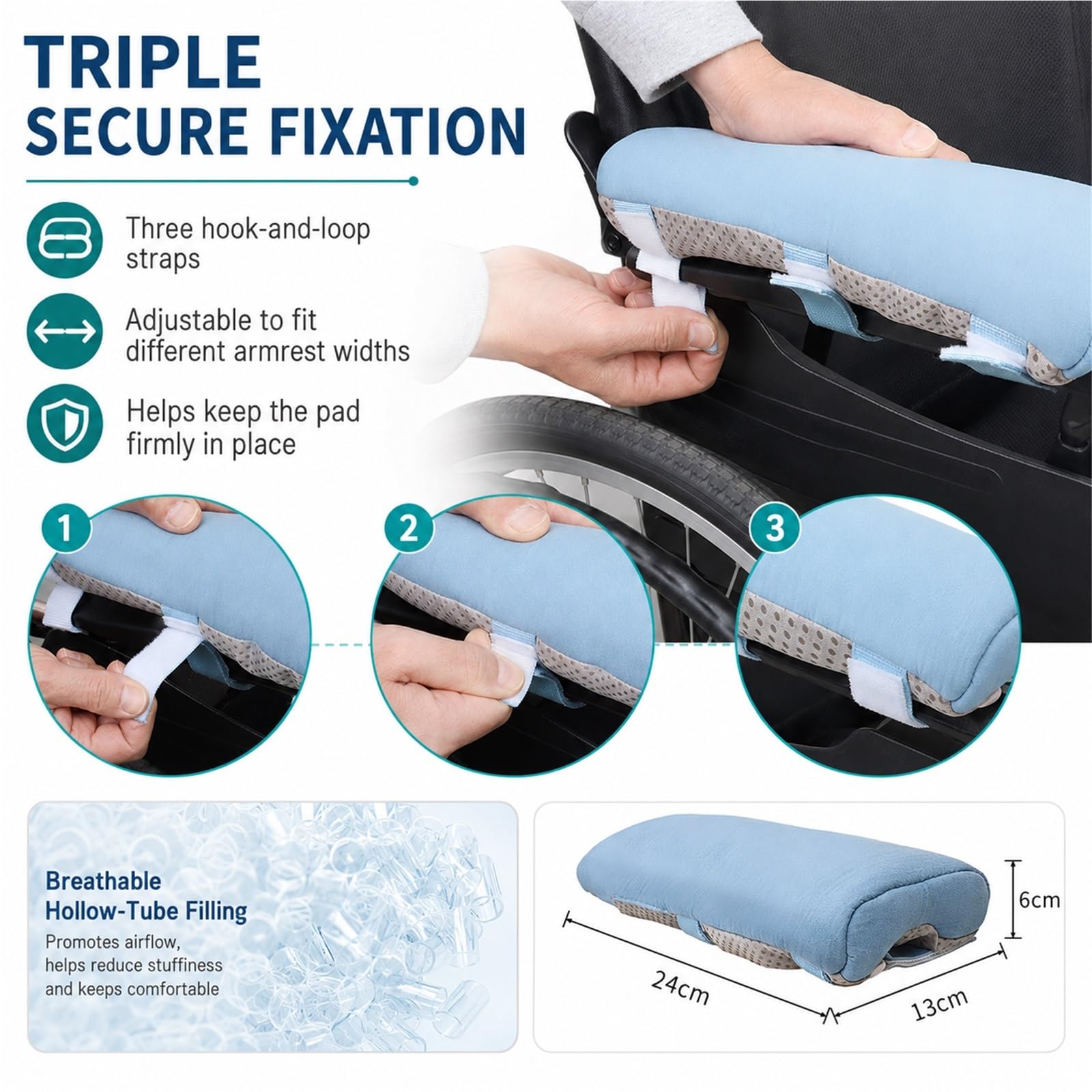 Copribraccioli per Sedia a Rotelle Imbottitura Antidecubito in Cotone Traspirante con Design a Tubo Cavo Protezione Morbida Lavabile Fissaggio Triplo Stabile