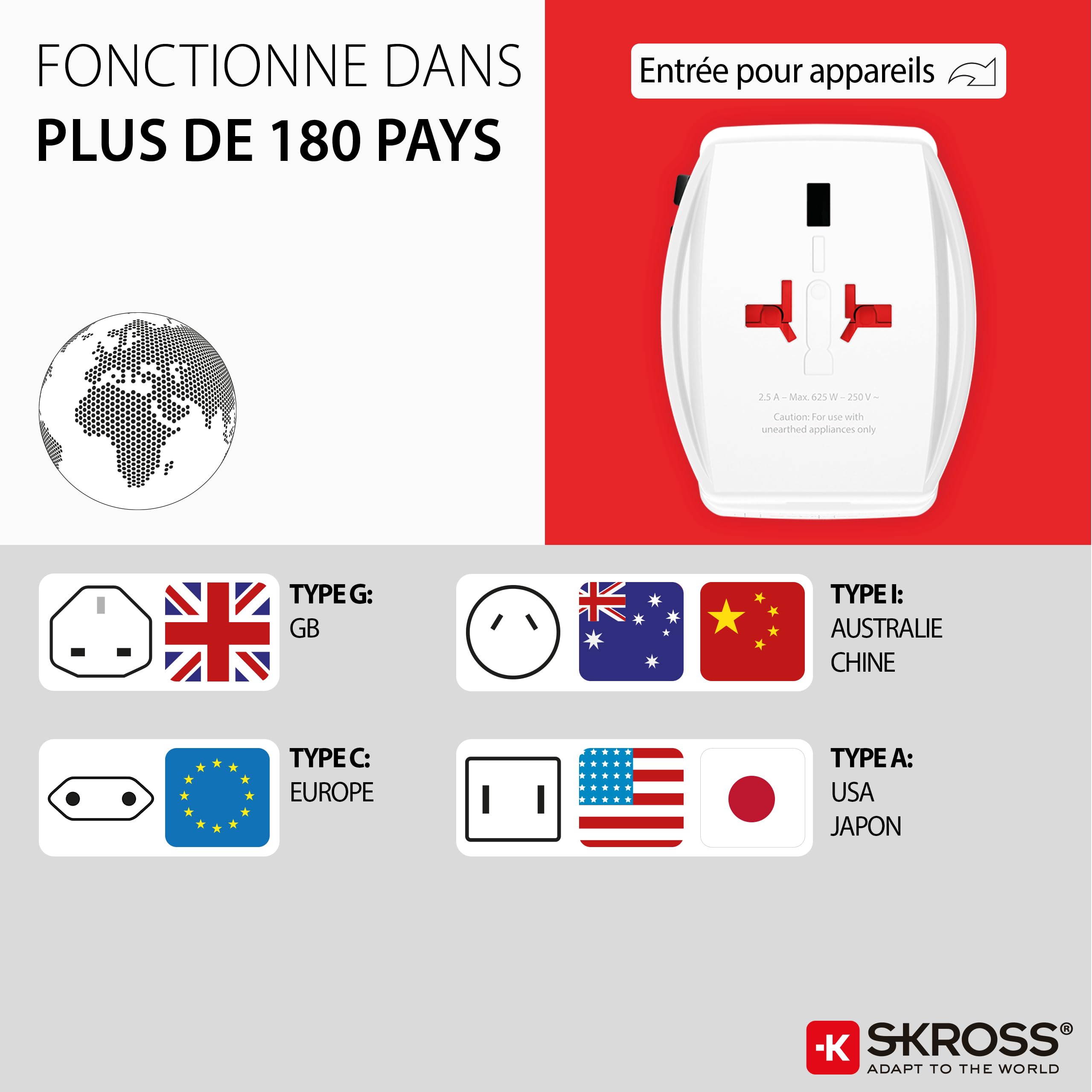 SKROSS -MUV USB AC65PD + Cavo Type C (160cm) - Adattatore Universale da Viaggio a 2 Poli + 1x Type C & 1 x Type A 65W- Tensione e Potenza: 100V-250W/250V-625W per Portatili, Tablet e Smartphone