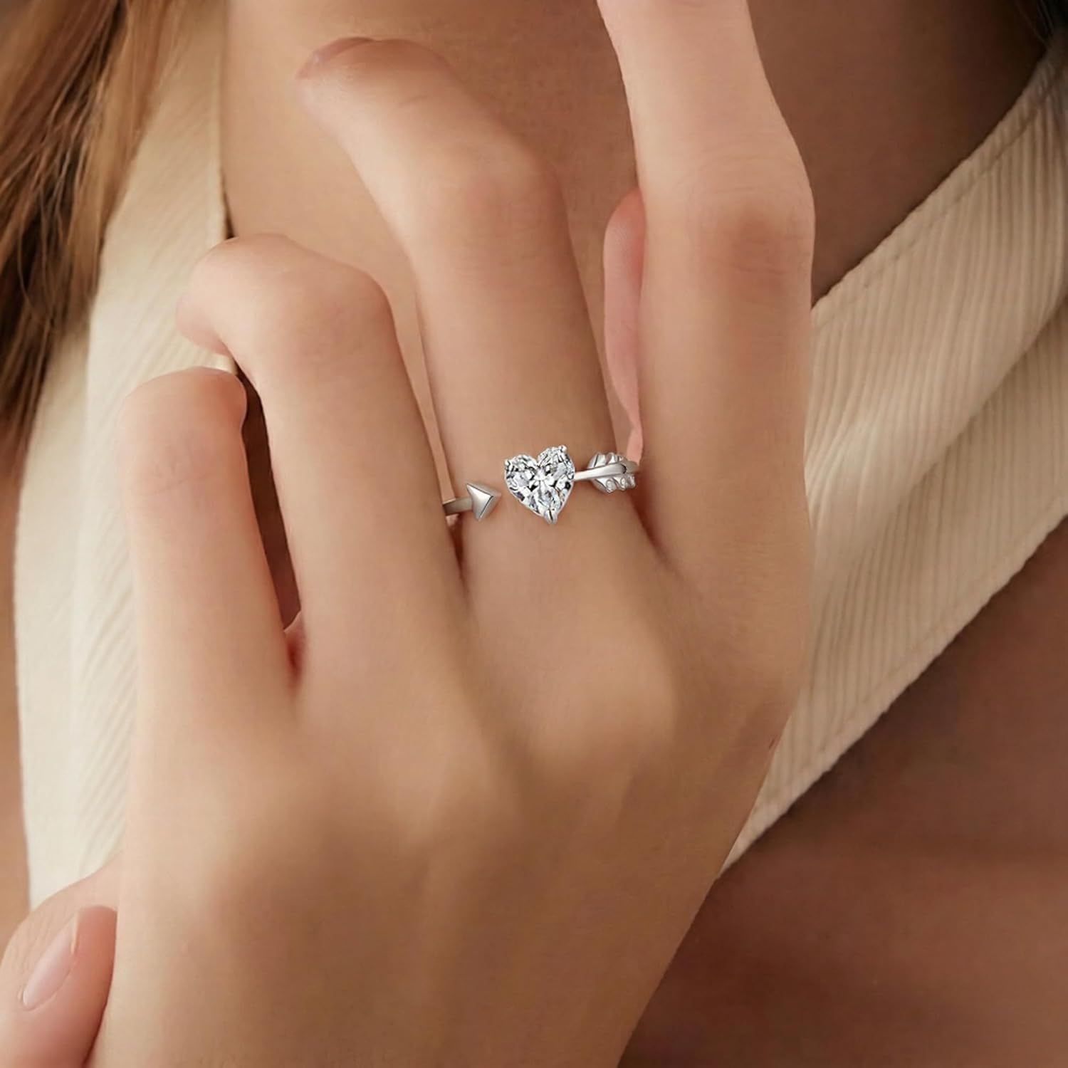 Heart Moissanite Cupid Arrow Ring 925 Sterling Silver D Color VVS1 Affordable Promise Ring, Adjustable Heart-Cut Moissanite Engagement Ring, Romantic Ethical Jewelry Gift