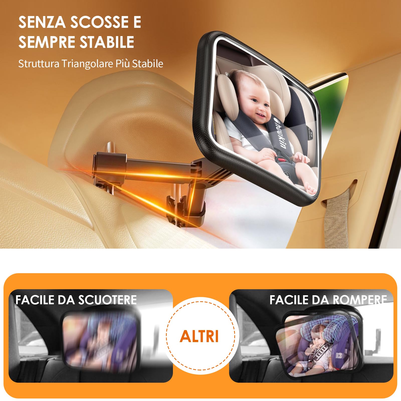 Specchietto Retrovisore Bambini Specchio Auto Bambino con Luce e telecomando 360° Orientabili 100% Infrangibile Specchietto Retrovisore Auto,Specchio Macchina Neonati Sedile Posteriore Ampio Chiaro