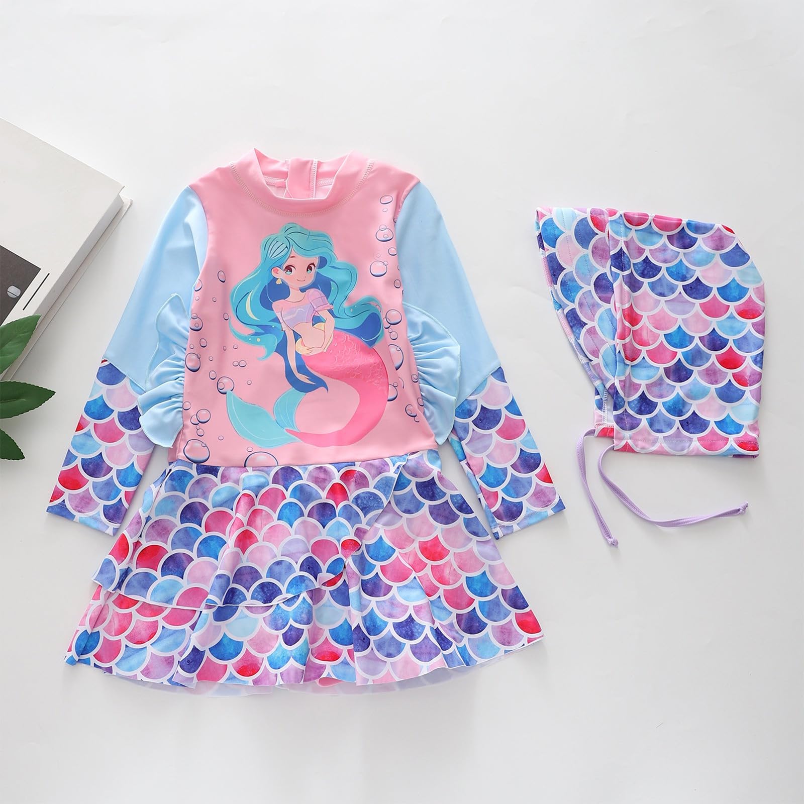 Generisch Bañador para niña en estilo de vestido, traje de baño de manga larga con estampado para todas las tallas (212 años).