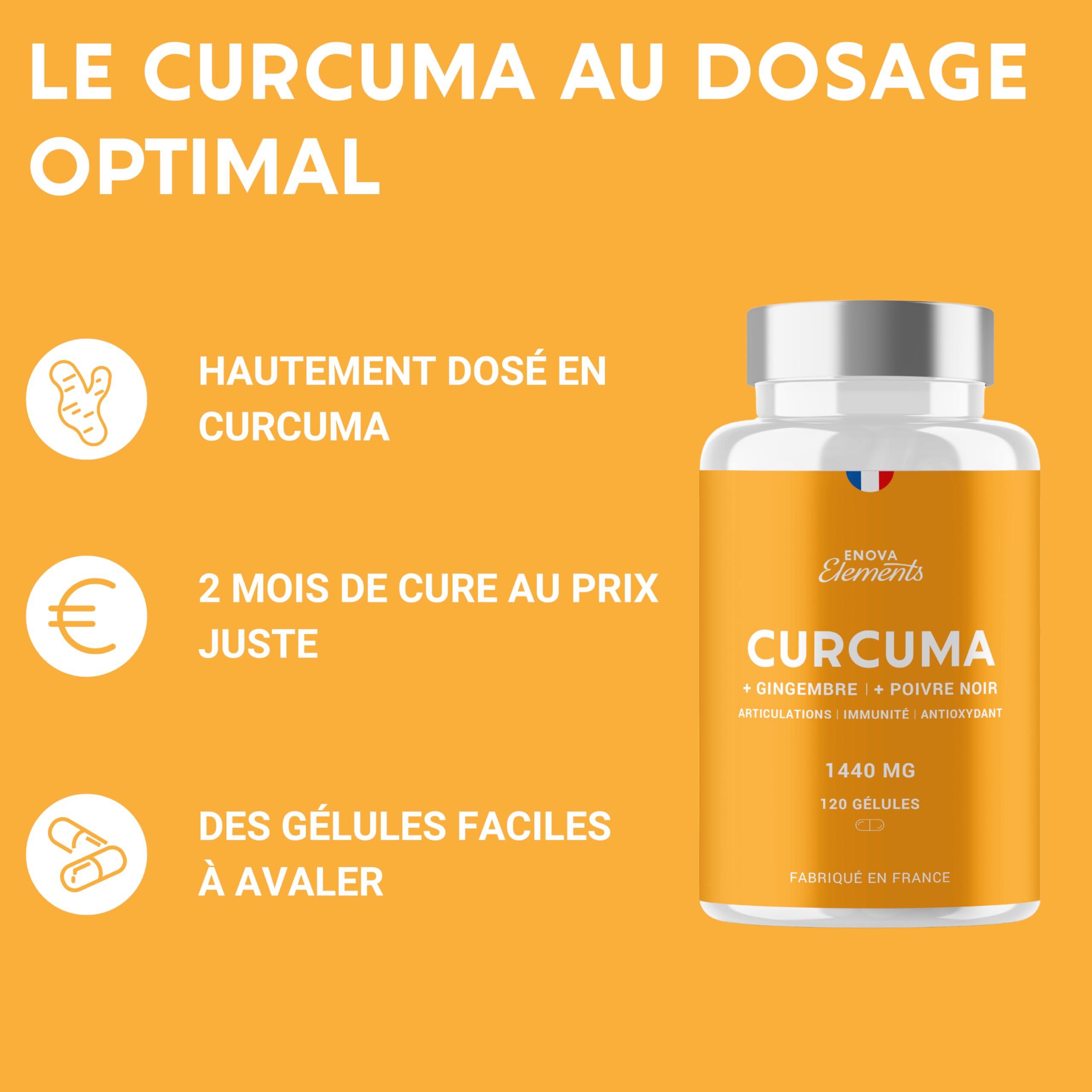 CURCUMA + Poivre noir + Gingembre | 1440 MG | Articulations Immunité Antioxydant Digestion | 120 Gélules | Complement alimentaire | Fabriqué en France