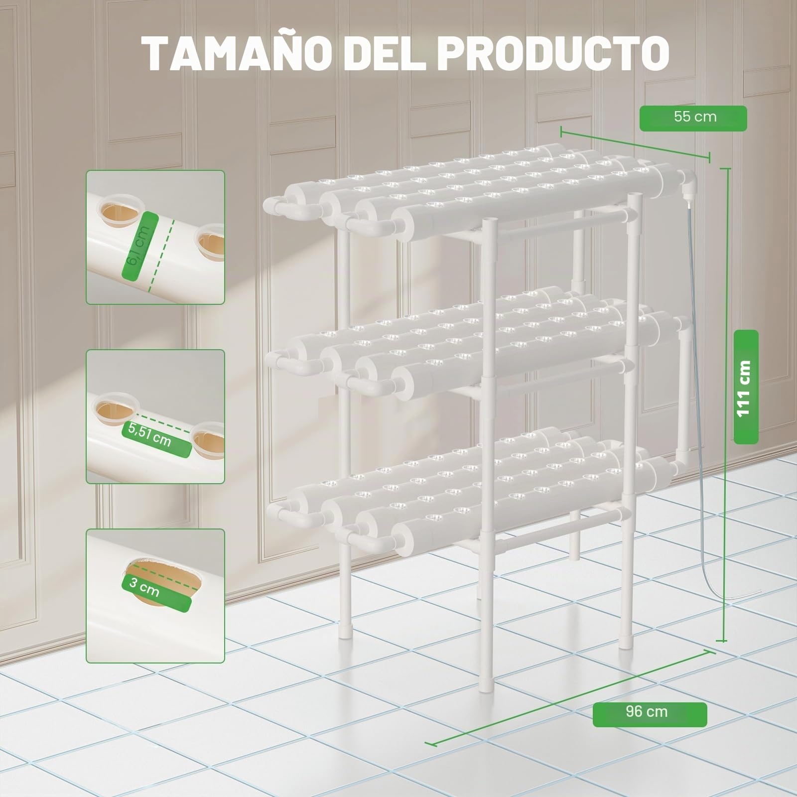 Kit de cultivo hidropónico de 3 niveles, sistema hidropónico hidropónico de frutas, verduras y plantas, 108 agujeros, 12 tubos, dispositivo de sincronización de tuberías hidropónico de PVCU