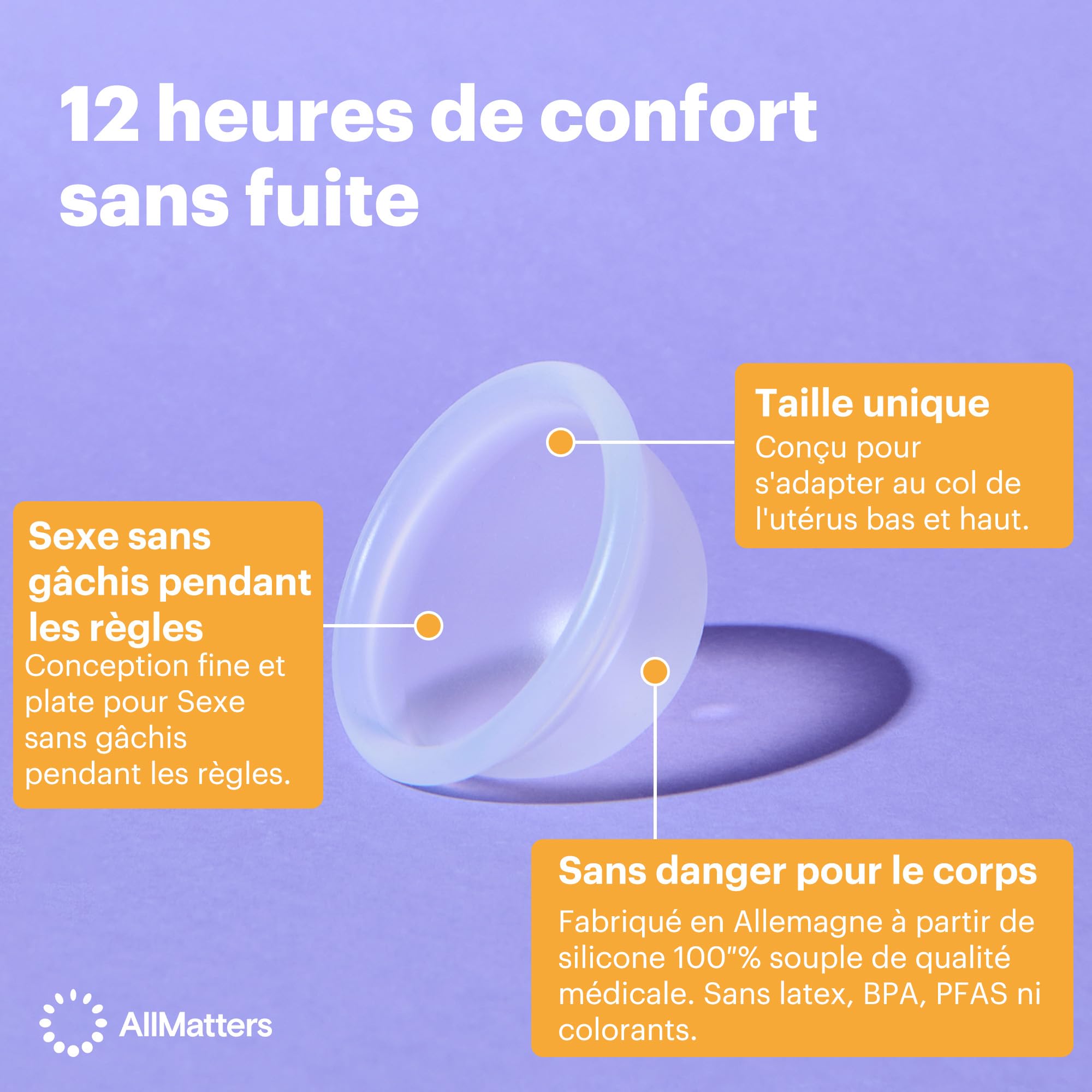 Disque menstruel AllMatters (anciennement Organicup). Une alternative réutilisable et confortable aux produits menstruels à usage unique. Peut contenir 6 tampons. 100% silicone de qualité médicale