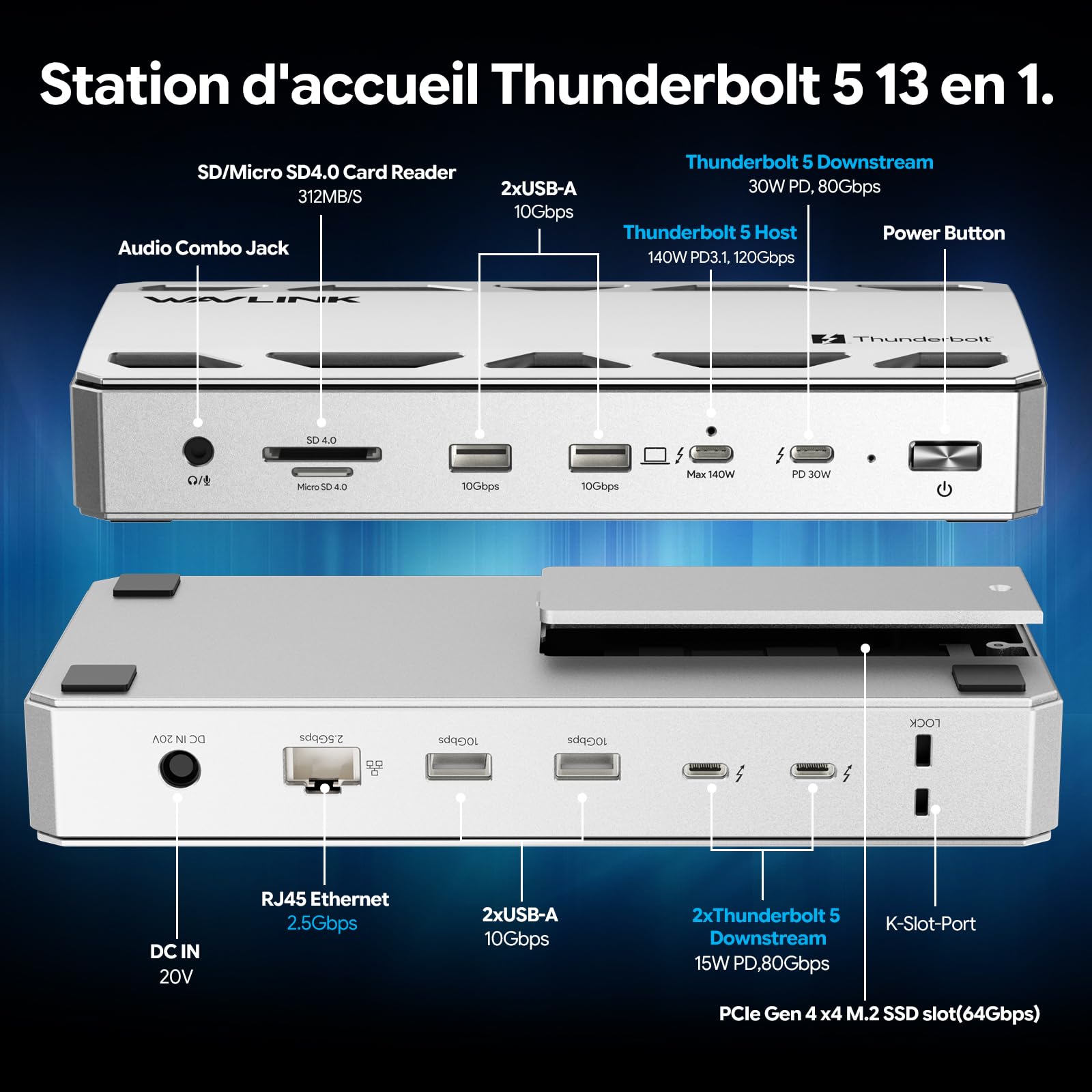 Station d’Accueil TB5 WAVLINK 13-en-1, Emplacement SSD NVMe M.2