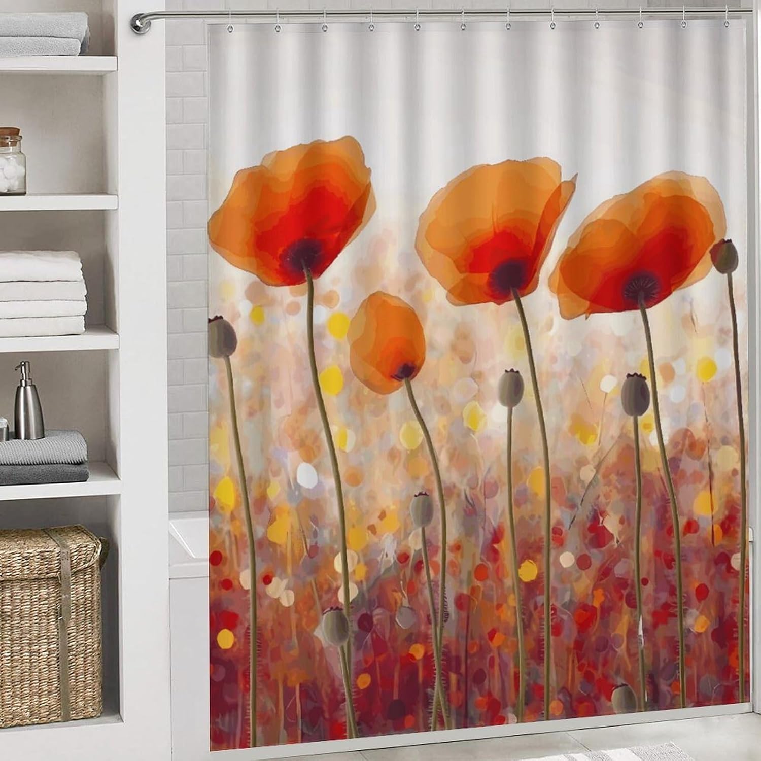 Red Flowers Shower Curtain Set 4 Piece, Non-Slip Bath Mat with Toilet Lid Cover and Waterproof Shower Curtain with 12 Hooks, Complete Bathroom Set for Home Decor