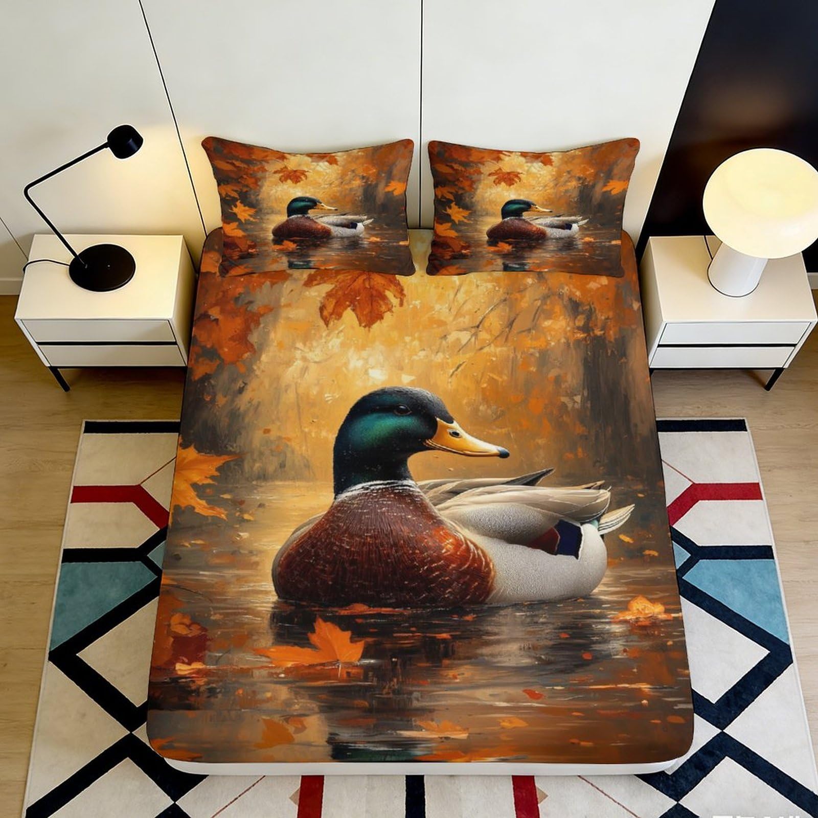 3D Printed Autumn Duck Lake Fitted Sheet Microfiber Soft Mattress Cover Bedroom Dorm Easy Care Decor 90x200x25cm