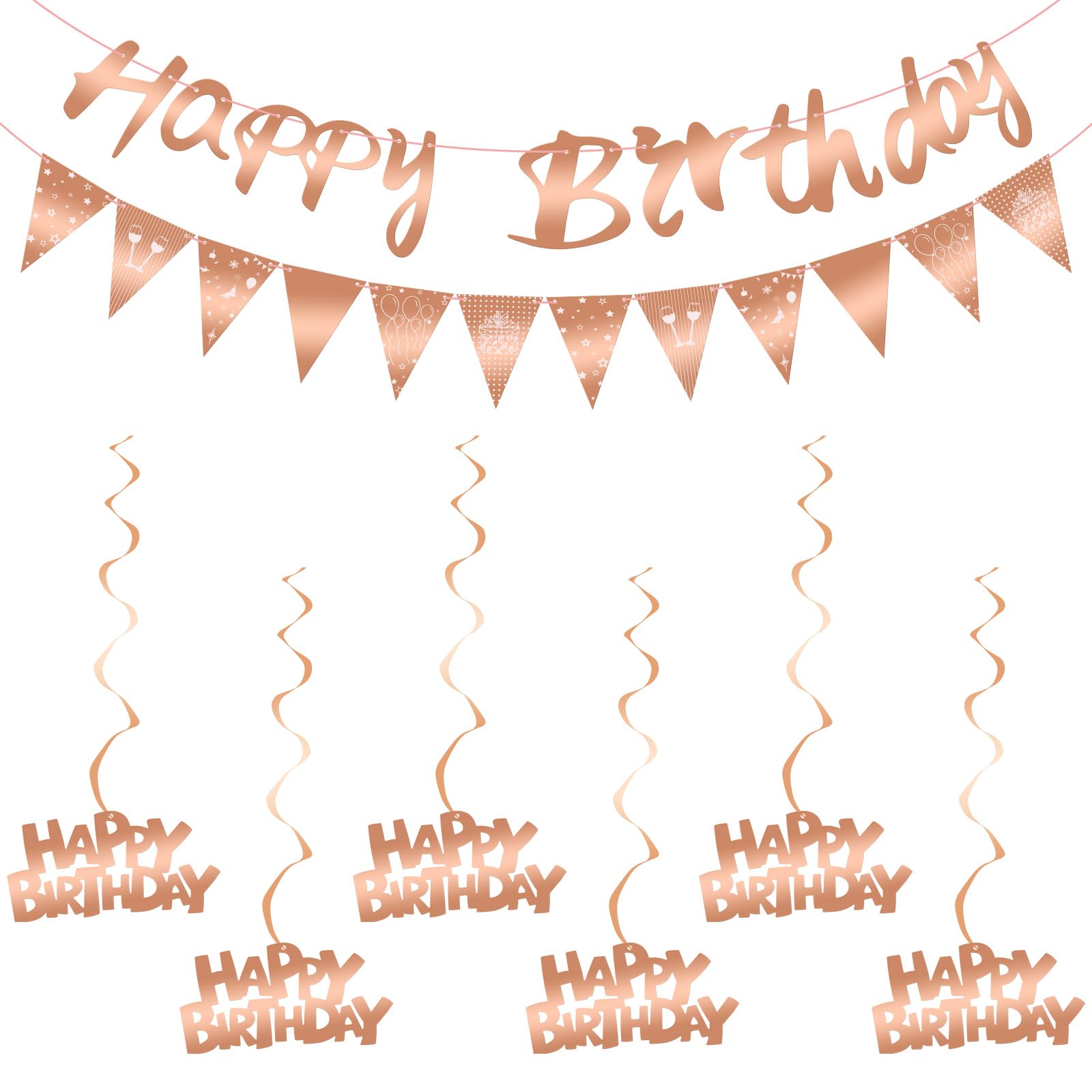 Ainiv Birthday Decorations, Rose Gold Happy Birthday Banners, Triangle Flags Bunting Banner with 6pcs "HAPPY BIRTHDAY" Hanging Swirls Streamers, Party Decorations Supplies for Boy Girls Women Men