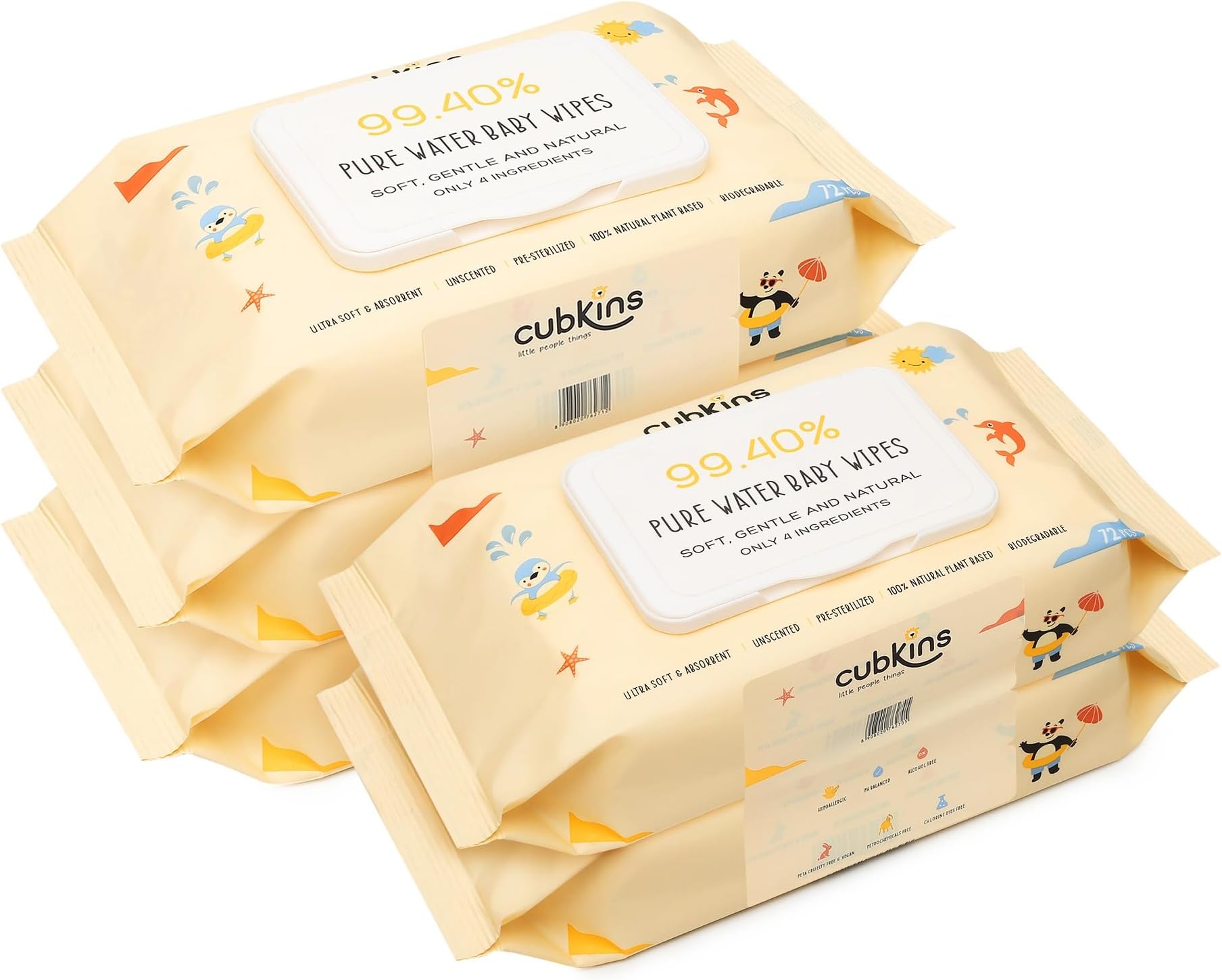 Pure Water Baby Wipes | 99.4% Water & Plant-Based Fabric | Unscented, Biodegradable & Hypoallergenic | Cleansing for Sensitive Newborn Skin | Pack of 5 x 72 Wipes Pack (Flip Lid)