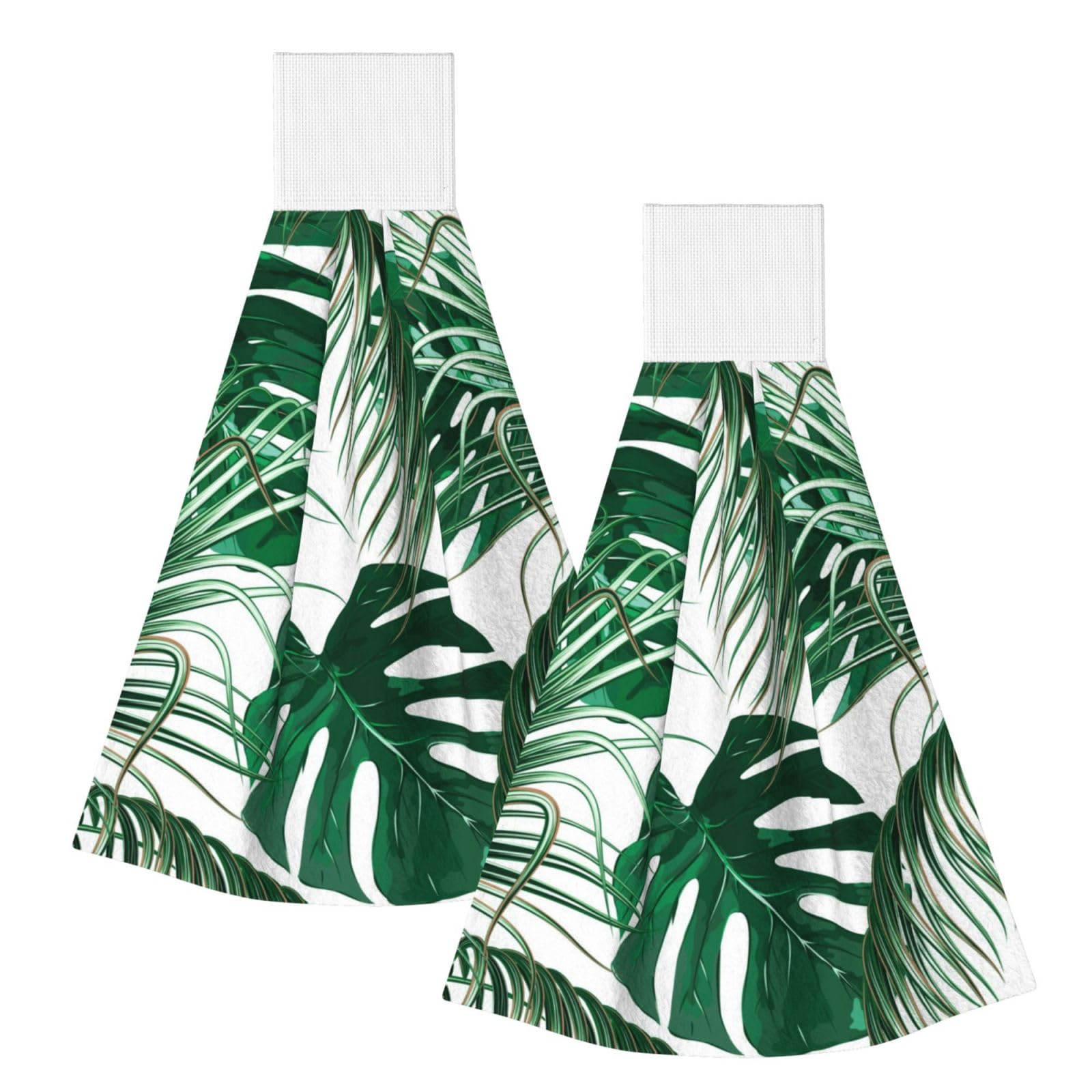 DOPKLNA Tropical Green Palm Leaves Jungle Leaf, 2 Pcs Hanging Coral Fiber Hand Towels for Bathroom, Absorbent Kitchen Towels