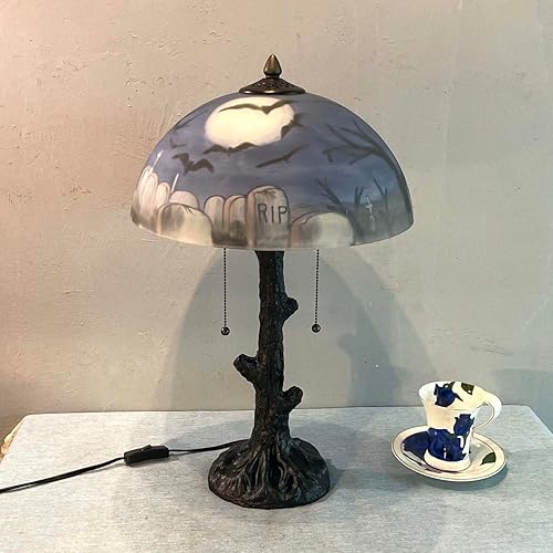 Miniatura 4 de Bieye L10973 Murciélagos volando sobre el cementerio en la noche de luna llena Lámpara de mesa de vidrio pintada a mano para decoración de Helloween