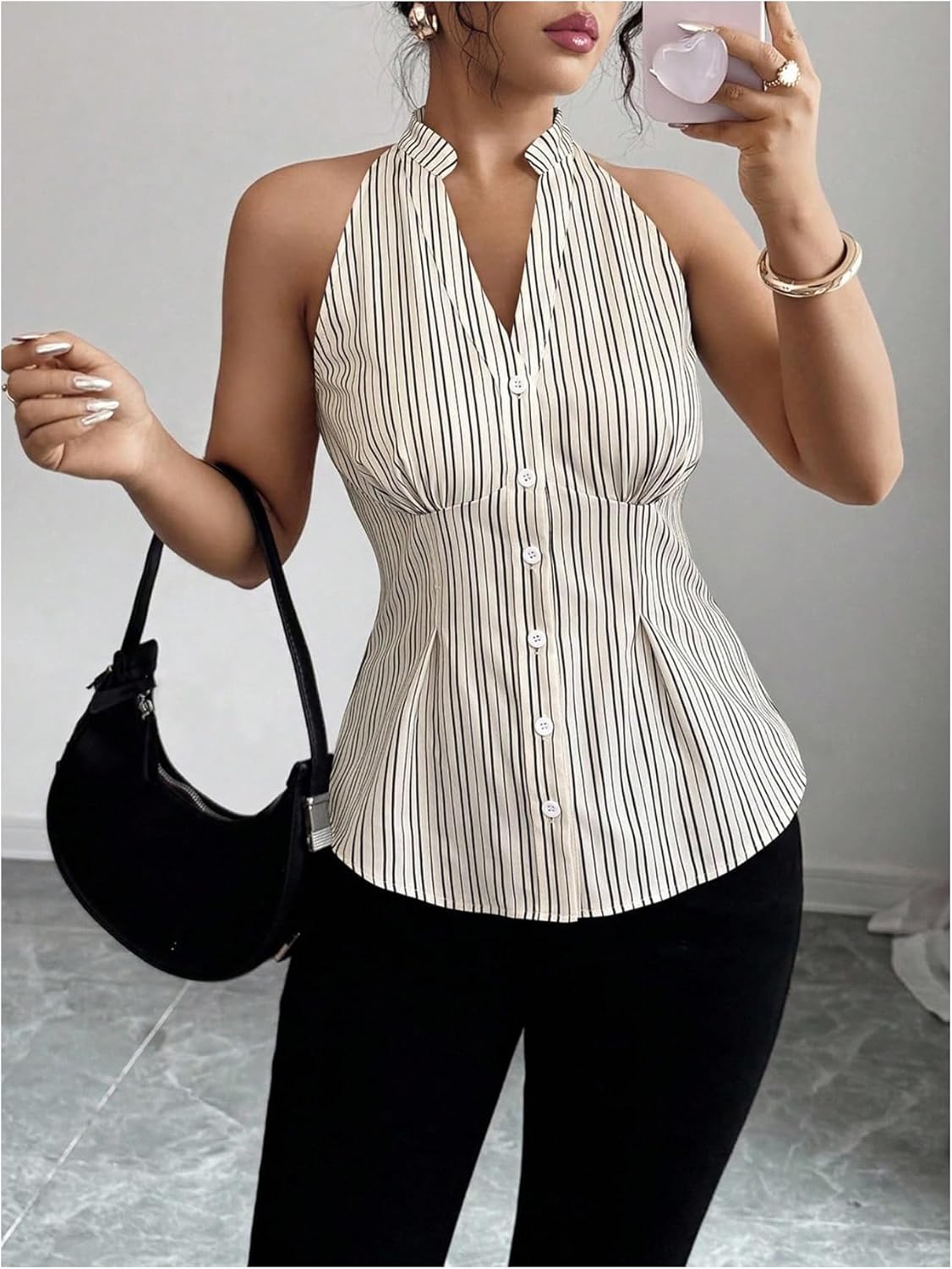 MakeMeChic Women's Striped Halter Neck Notched Blouse Button Down Sleeveless Dressy Tops - Image 4
