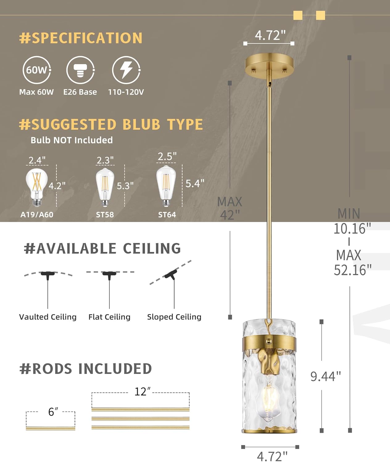 AUTELO Gold Pendant Light, 1-Light Island Pendant Lights for Kitchen with Hammered Glass, Modern Hanging Lamp with Adjustable Rods for Dining Room Bedroom Kitchen Sink, H-2529 HMBG