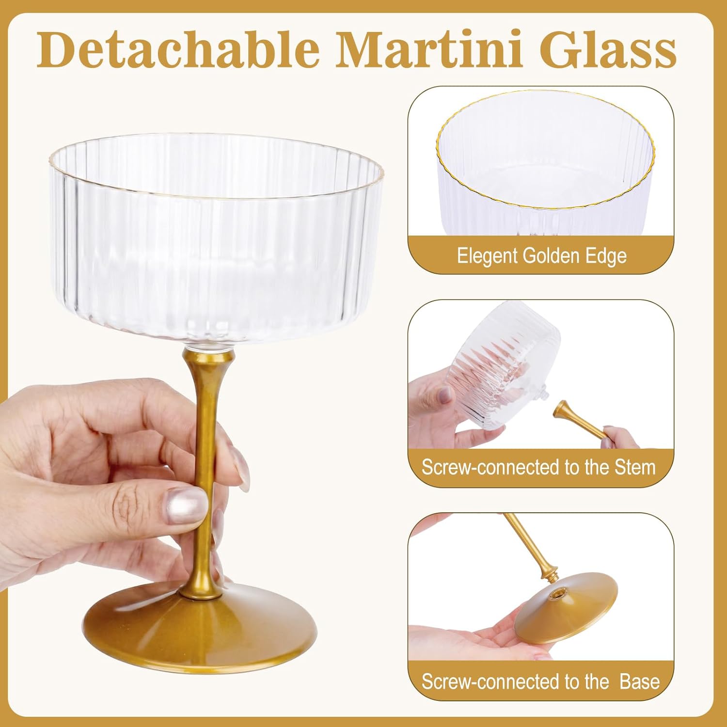 36PCS Plastic Ribbed Martini Glasses, 10oz Disposable Champagne Coupe Glasses with Golden Rim and Stem, Detachable Creative Transparent Striped Vintage Cups Reusable for Wedding Party Supplies