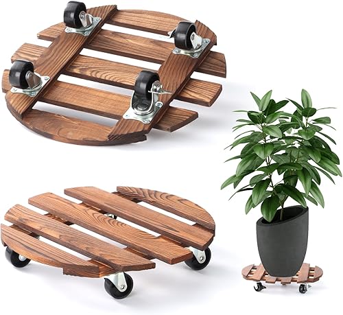 Miniatura 8 de Paquete de 2 organizadores para plantas con 5 ruedas, soporte rodante para plantas de 14 pulgadas + 12 pulgadas, 220 libras, de madera resistente,