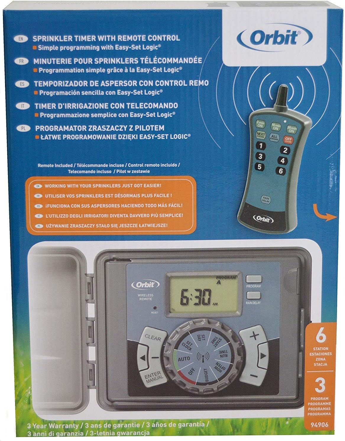 Orbit 94906 product packaging showing 3-year warranty