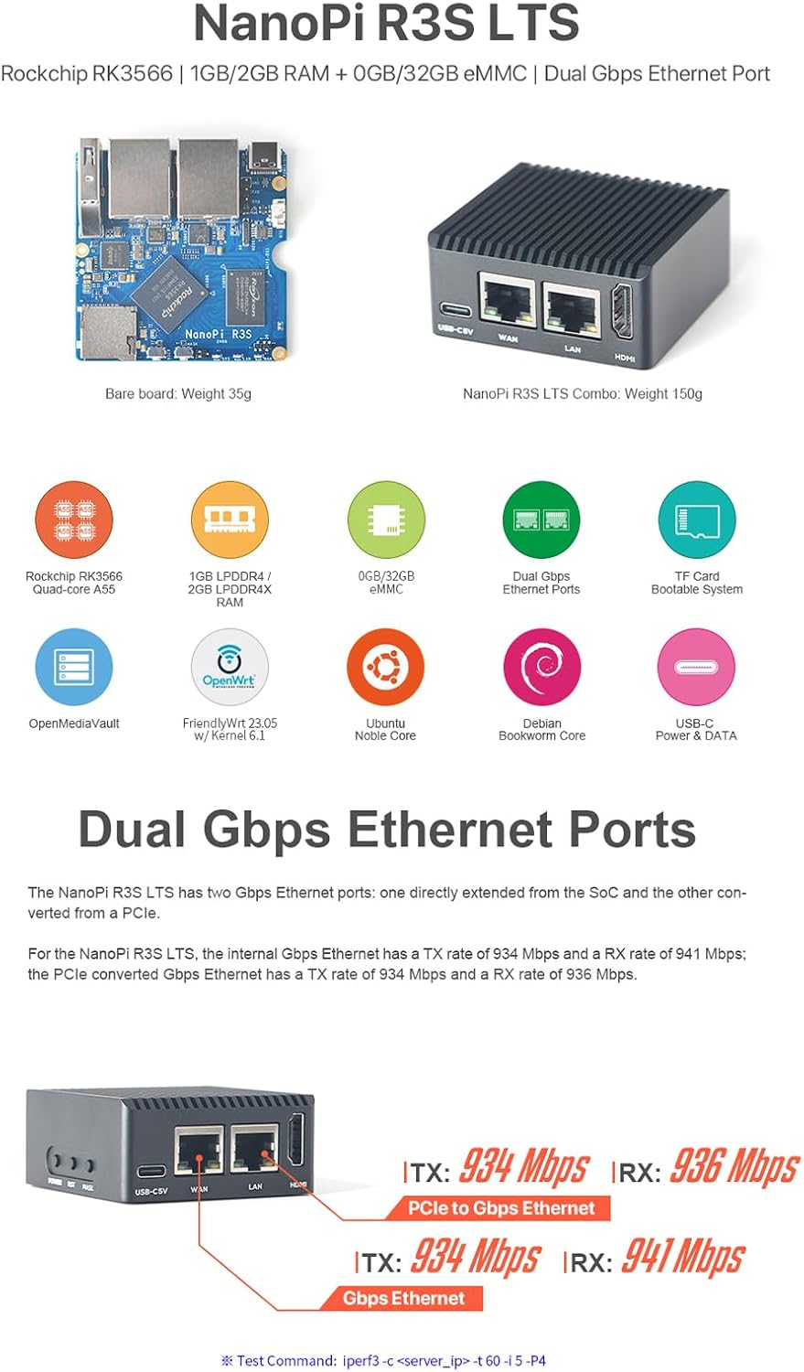 NanoPi R3S-LTS RK3566 Dual GbE 2GB RAM 4K HD MI Output USB 3.0 - Perfect for Home Server/Network Storage/Soft Router (Metal Case Kit with Power,1GB RAM + 0GB eMMC)