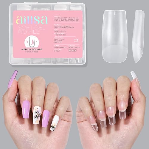 AILLSA Medium Square Nail Tips Upgraded Matte Gel Full Cover Nails Tips | No Filed, 240Pcs Pre-shaped Gelly Tips Acrylic Clear Fake Press On Soft Nail Tip for Soak Off Nail Extension 10 Sizes - 240-Medium square