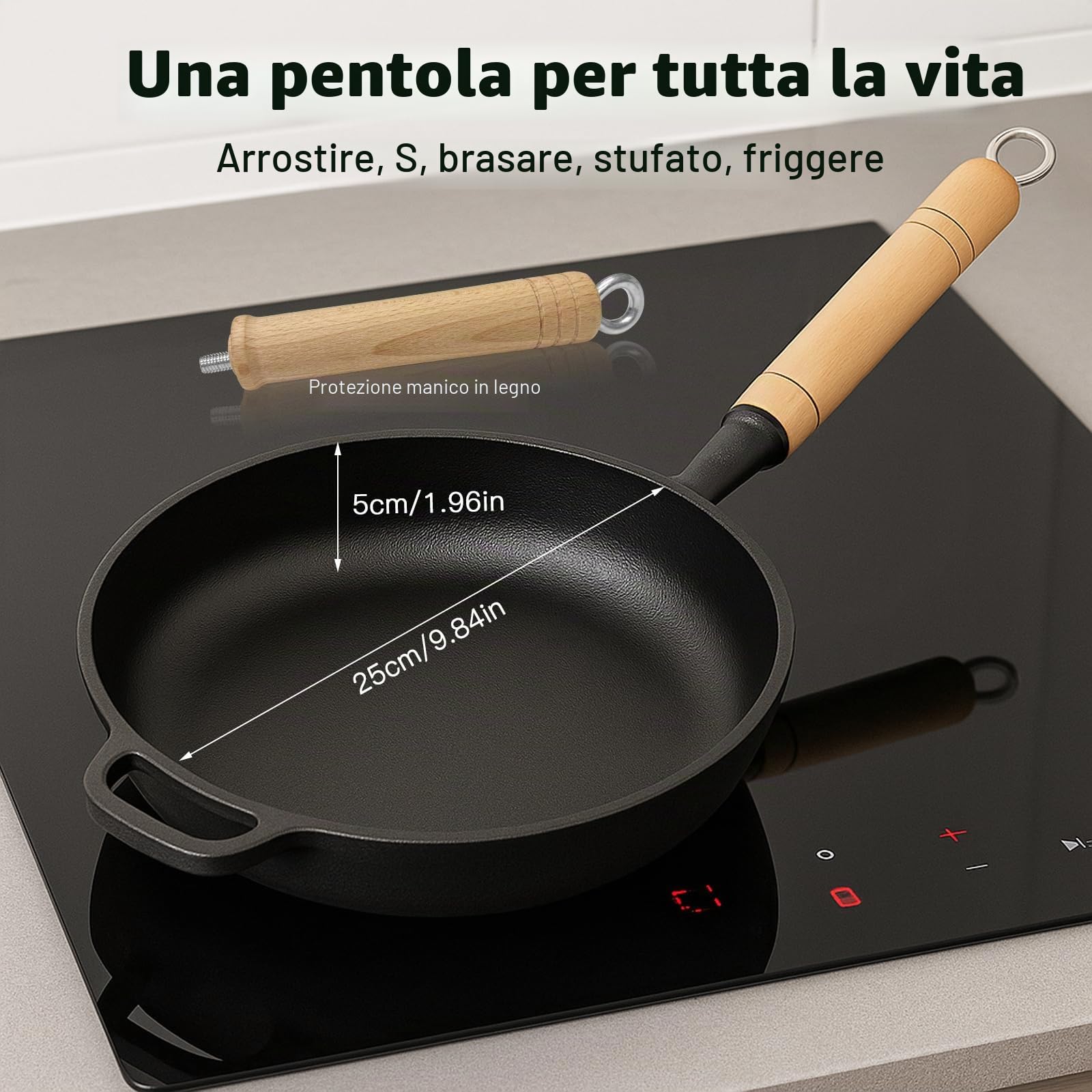Padella in ghisa con manico in legno rimovibile, 23 a 29 cm padella in ghisa senza rivestimento, per tutti i tipi di fornelli