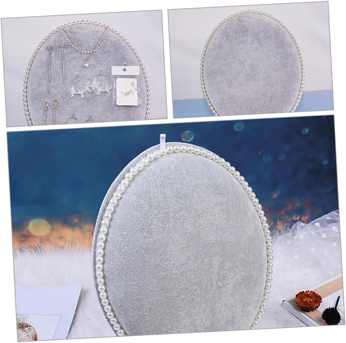 KOMBIUDA Wall-mounted Earring Holder Stand Large Oval Velvet Jewelry Organizer with Pearl Panel for Earrings and Necklaces Display, Desktop Accessory Rack for Home Storage