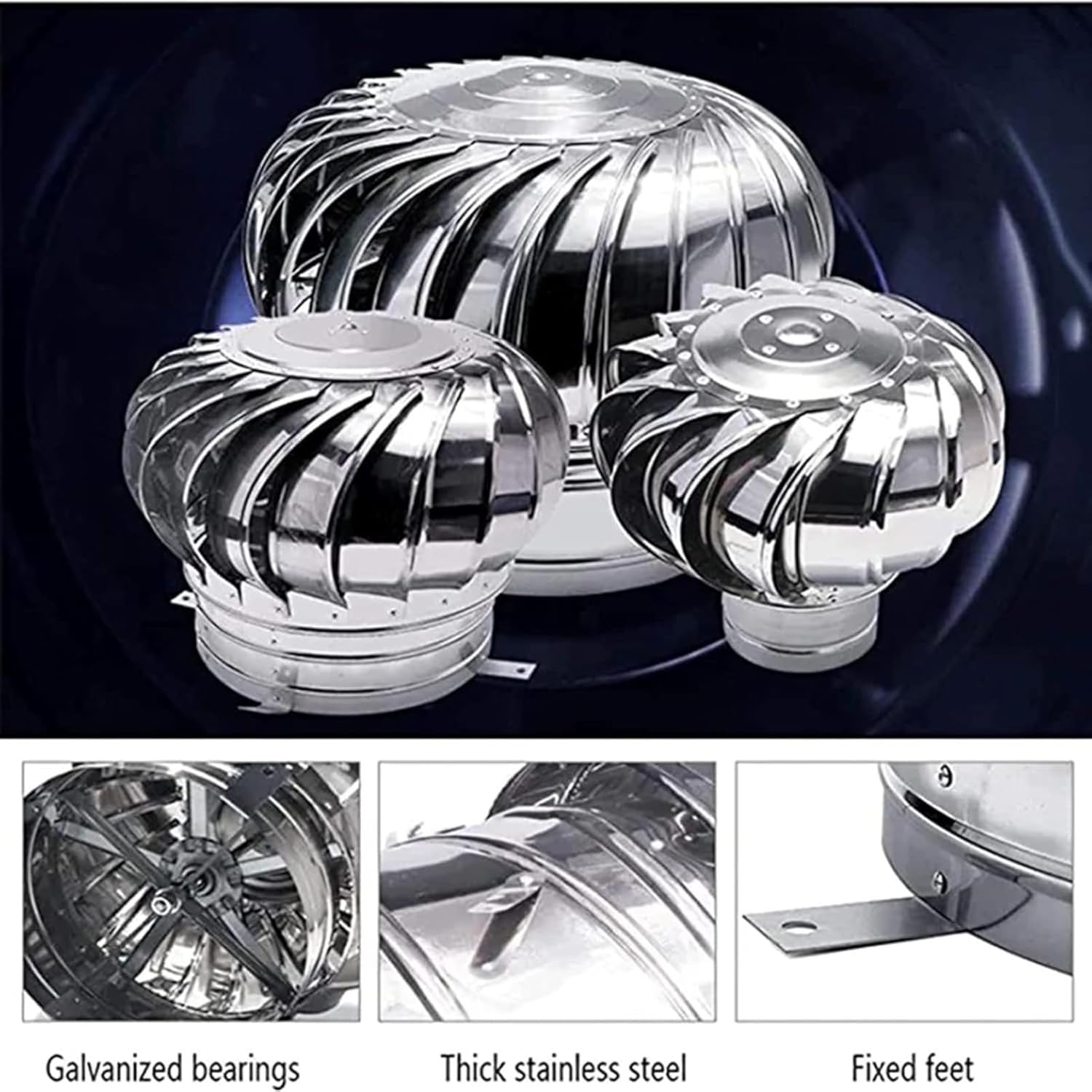 Rotating Roof Vents Roof Wind Turbines Cap Vent Round,Stainless Steel Exhaust Cap Roof Flue Vent, No Electricity Loss, for Kitchen, Canteen Ventilation, Chimney Flue Cowl