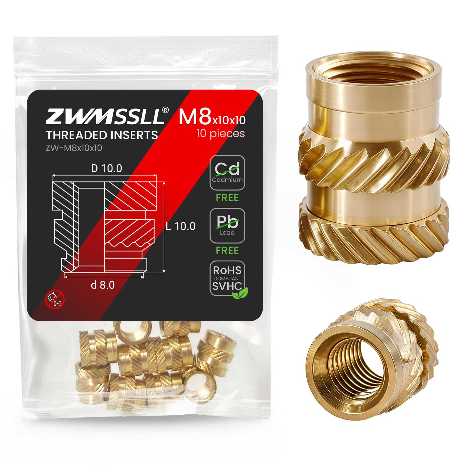 ZWMSSLL Heat-Set Threaded Inserts, M8x10x10mm Heat Set Insert for 3D Printing Components and Plastic Parts(10Pieces),Brass Metric Knurled Nuts — image 1