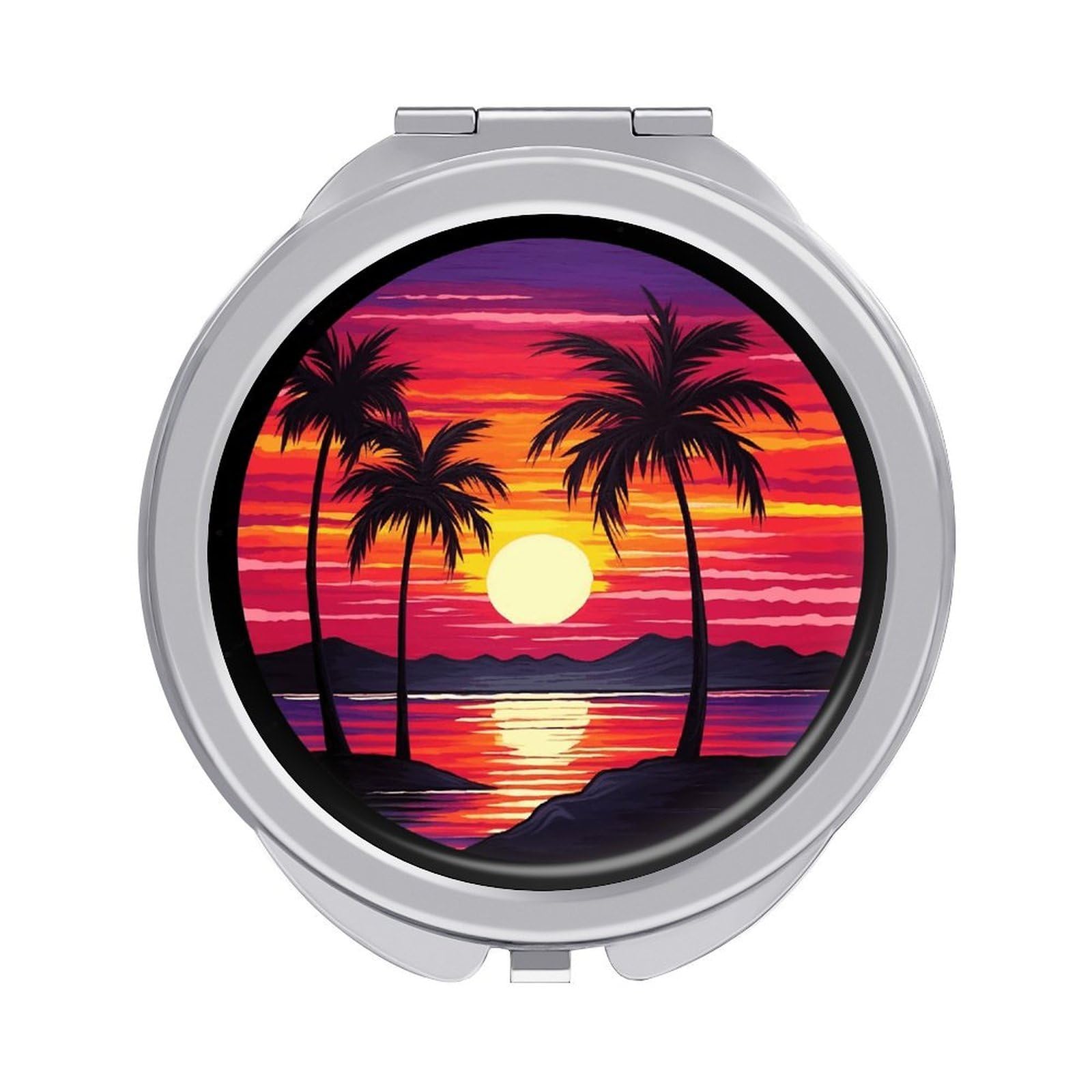 FekiLoot Palm Tree Sunset Design Makeup Mirror Compact Round Travel Makeup Mirror Portable Folding Handheld Pocket Mirrors for Handbag and Purses Gift Mini Mirrors