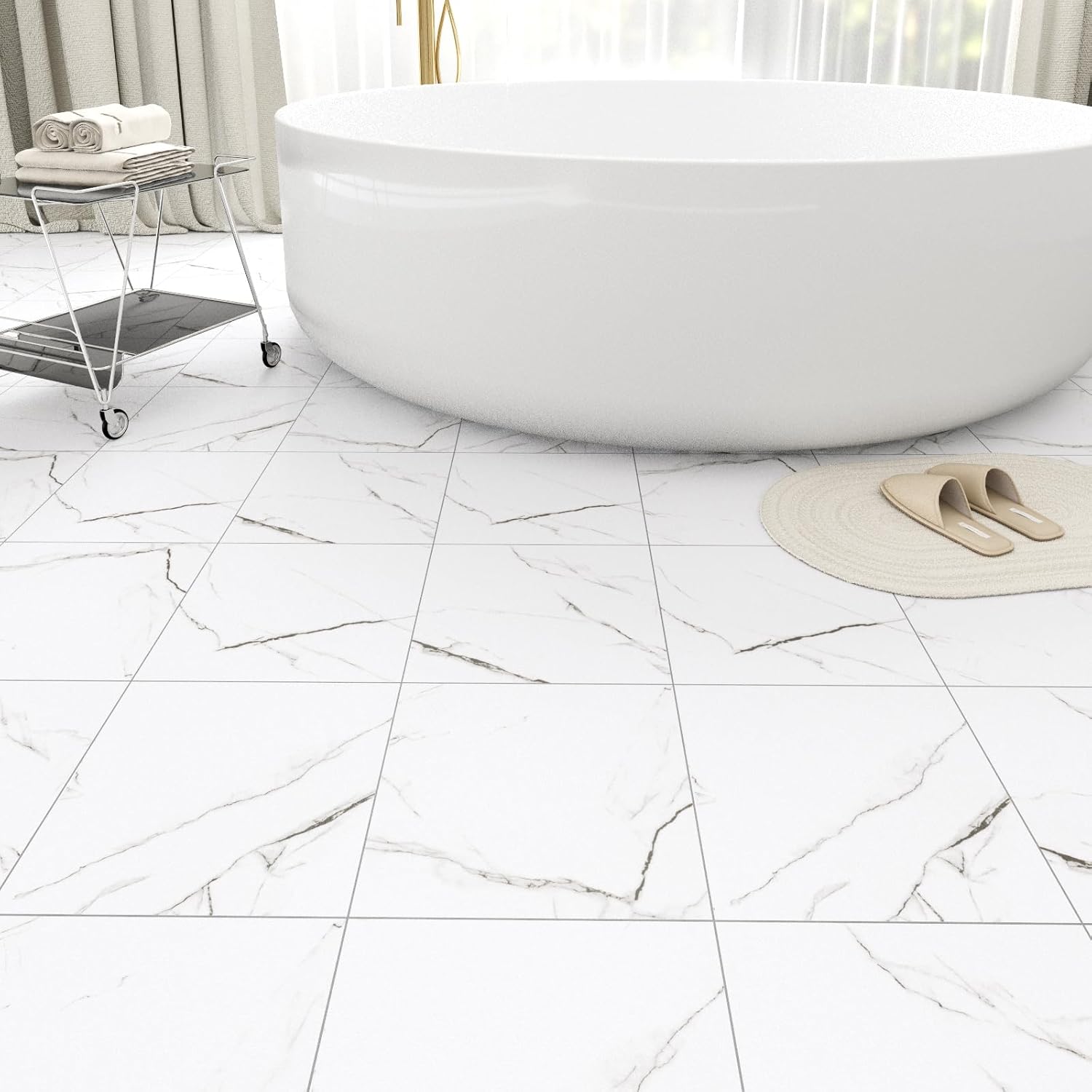 20-Pack Peel and Stick Floor Tiles Vinyl Floor 12 x 12 inch Self Adhesive Waterproof Flooring Planks DIY for Bathroom, Kitchen, Living Room, RV, Cover 20 Sq. Ft, White Vein Marble