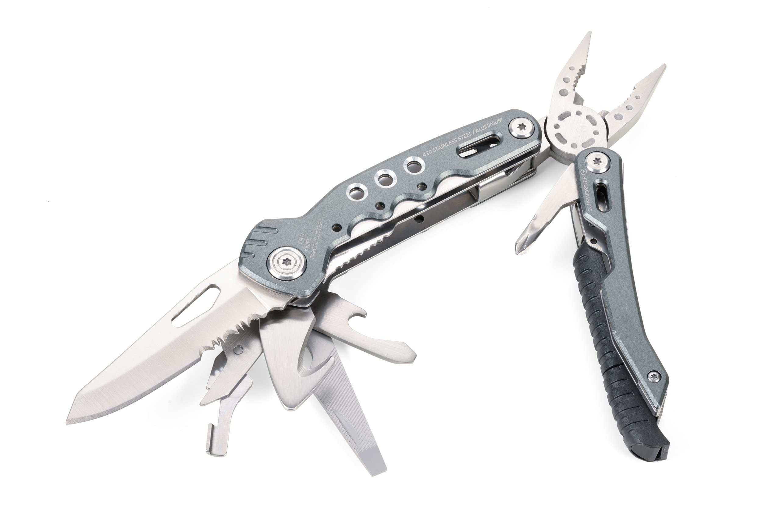 Troika Fire Tool 14 Outil multifonction avec 14 fonctions pour les voyages en plein air et survie – Ressort intégré et fonction de verrouillage – Acier inoxydable 420 – Aluminium – Anodisé – Gris