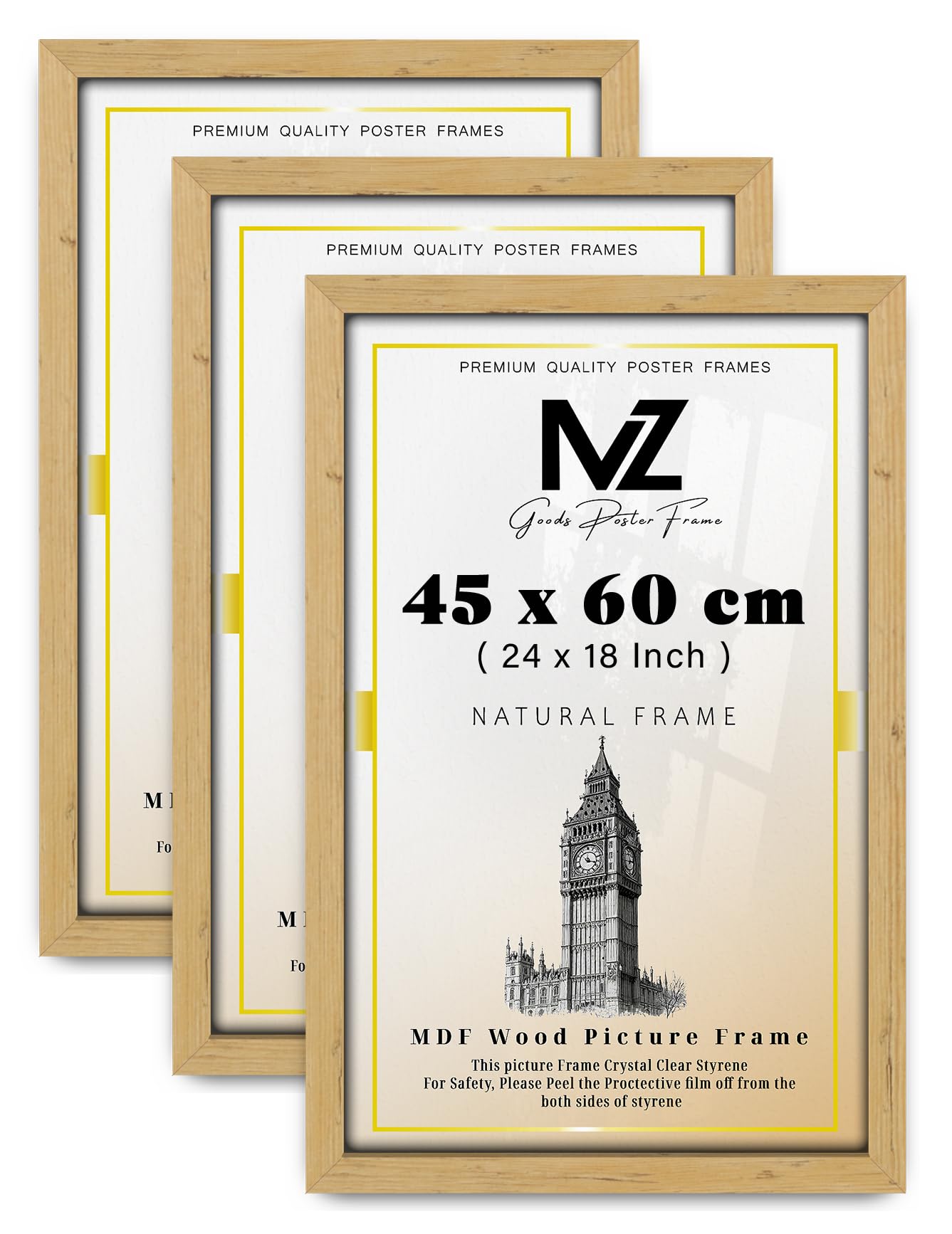 MZ GOODS pack of 3 MDF Picture Frame (45 x 60 CM) 18 x 24 for Posters, Art & Room Interiors, Premium MDF Finish, Includes Hanging Hooks [ Pine ] — image 1