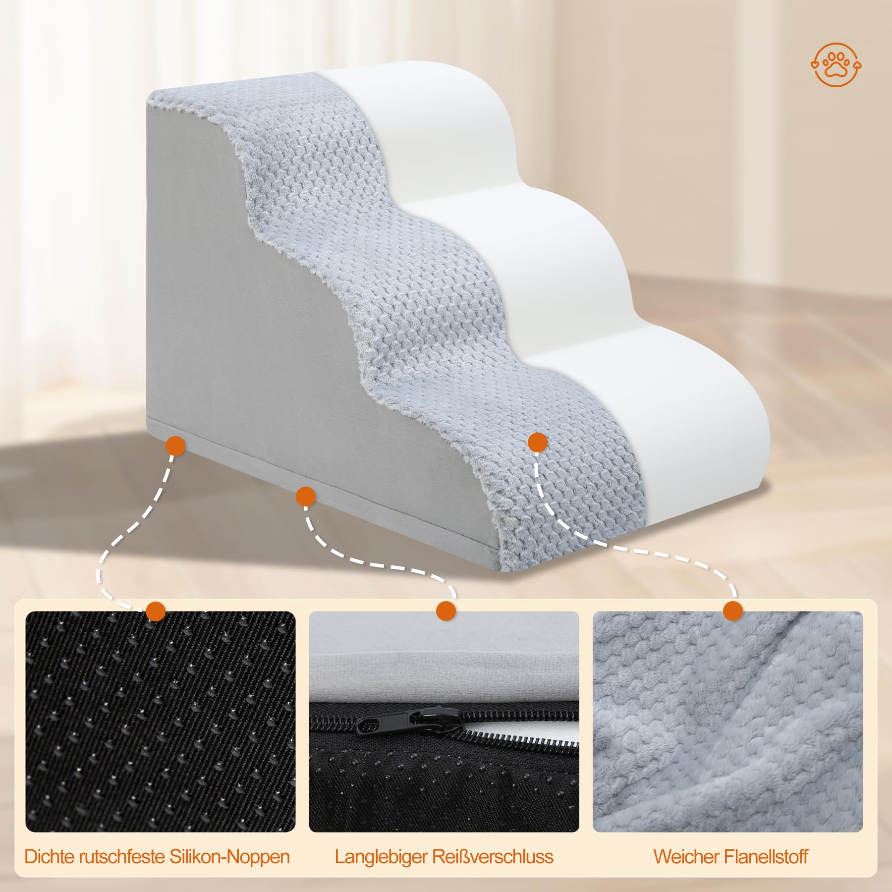 KSIIA Hundetreppe 5 Stufen, 57.5cm Hoch Haustiertreppe Hundetreppe für Kleine Hunde, Katzentreppe Hunderampe mit Waschbar Bezug für Bett, Couch, Sofa und Auto, 40x84x57.5cm, Grau