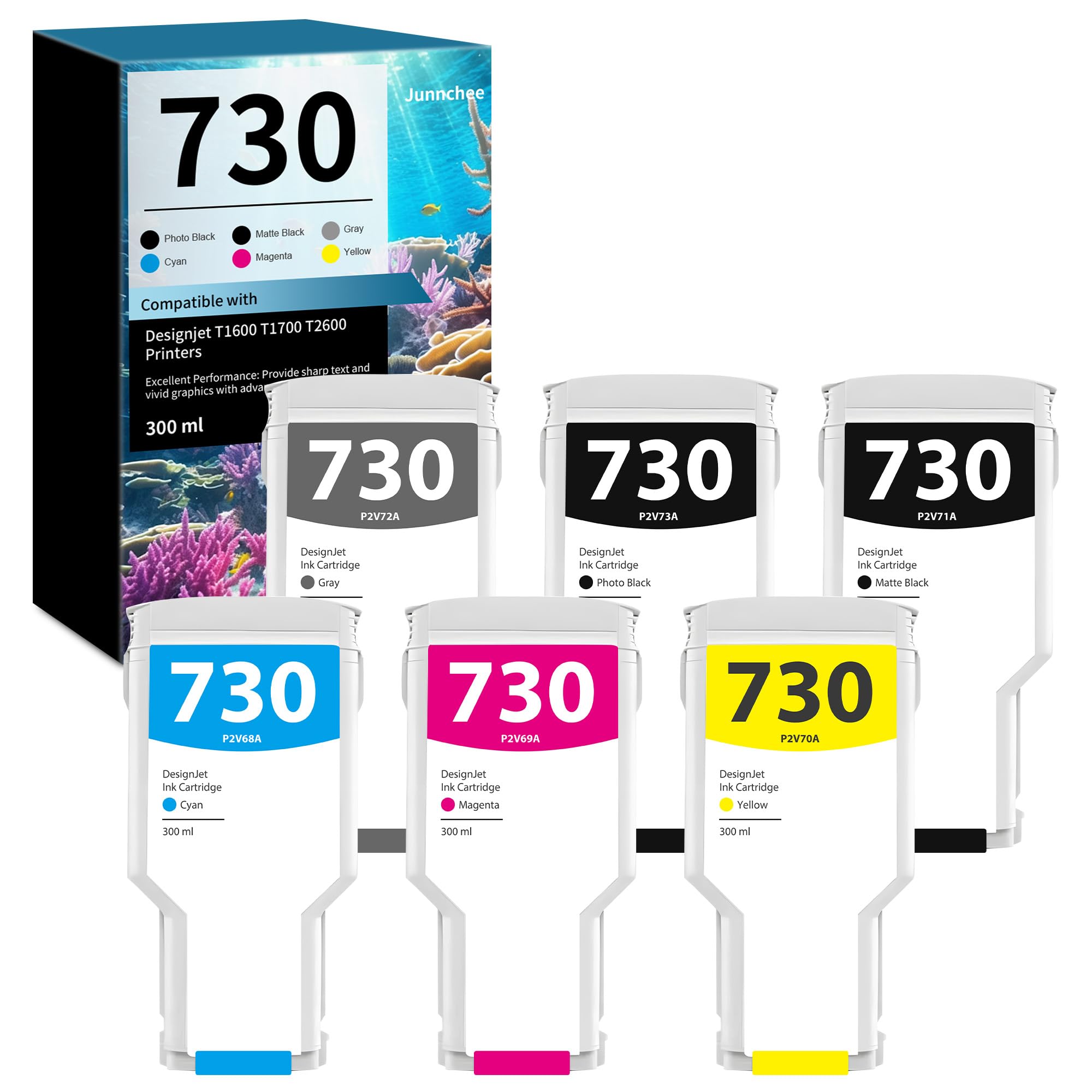 730 Ink Cartridge Designjet T1700/T1600/T2600 300ml Replacement for HP 730 Ink Cartridge (Matte Black P2V71A, Photo Black P2V73A, Cyan P2V68A, Yellow P2V70A, Magenta P2V69A, Gray P2V72A) 6-Pack