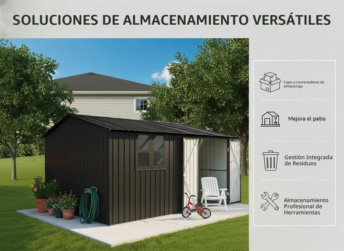Cobertizo de metal para jardín, 362 x 285,5 cm, resistente a la intemperie, con ventana, puerta con cerradura y techo a dos aguas, 10,34 m², para jardín, terraza y patio trasero, color marrón y negro