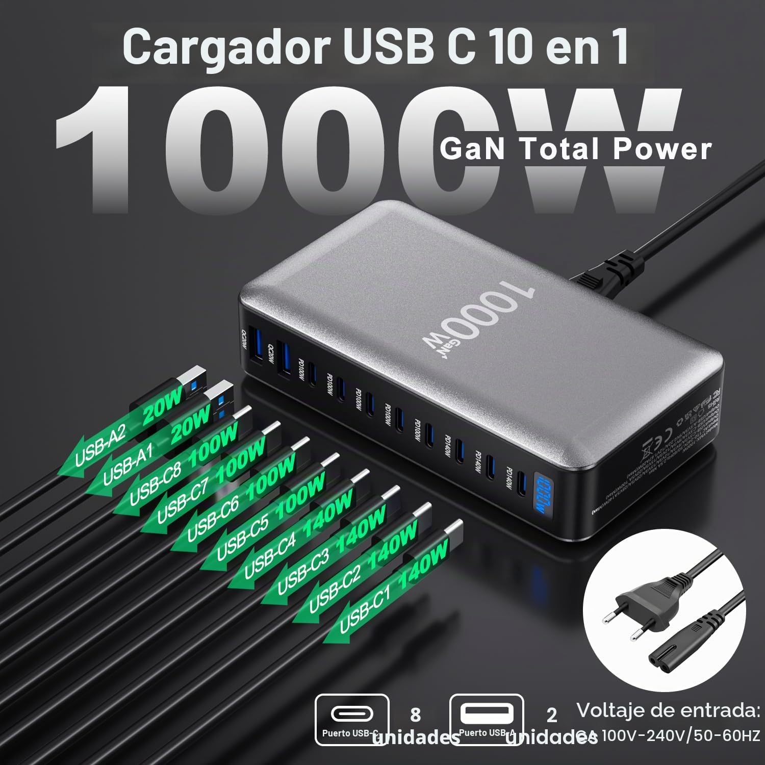 Cargador múltiple USB C de 1000 W, 10 puertos GaN USBC, estación de carga con puerto de salida de 140 W y 100 W, para MacBook Pro/Air, Lenovo, HP, portátil, escritorio USB, cargador rápido para iPhone