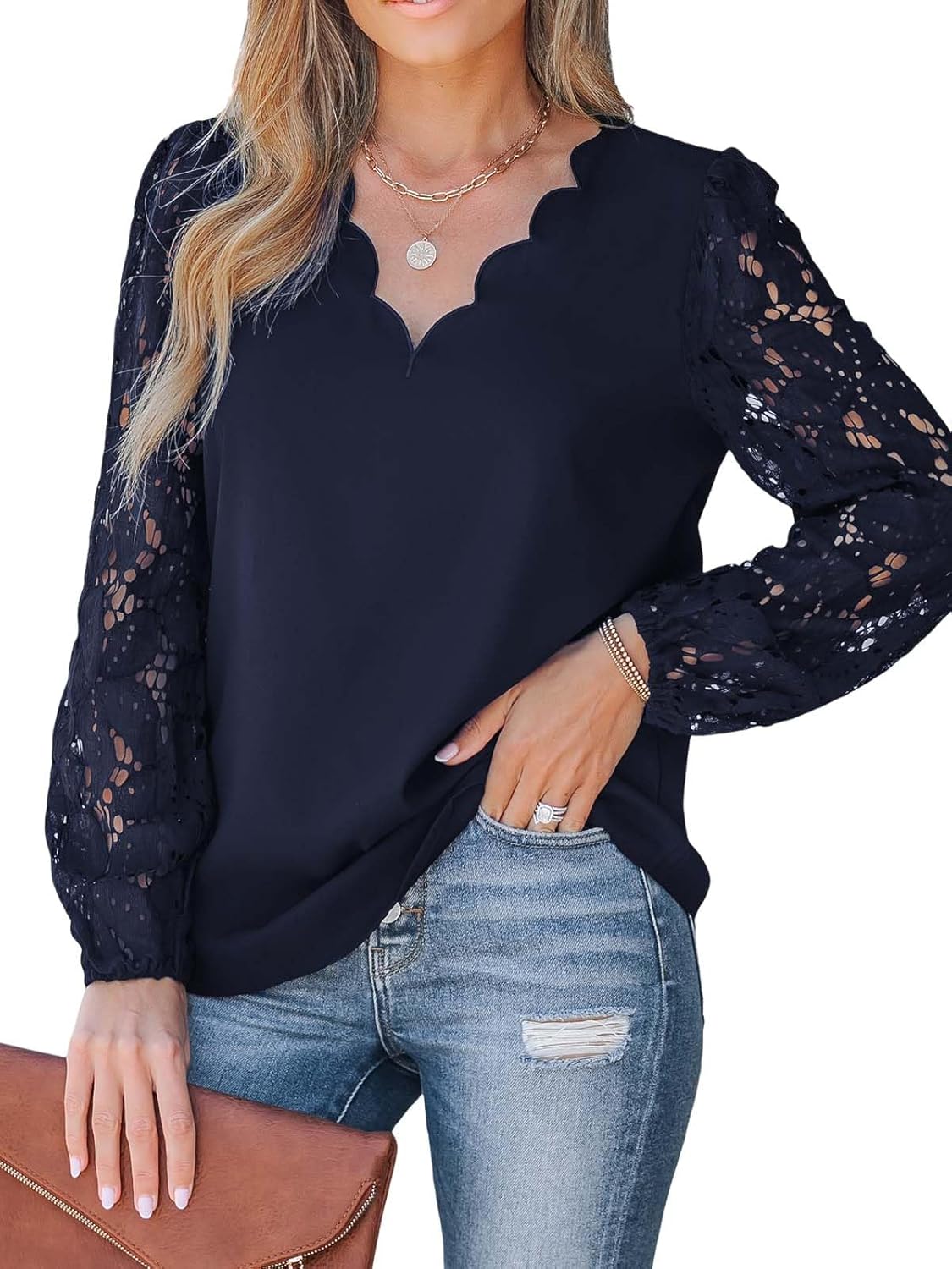 CUPSHE Women Lace Elegant Blouse Long Sleeve Eyelet V Neck Dressy Party Floral Tops Scalloped V Neck
