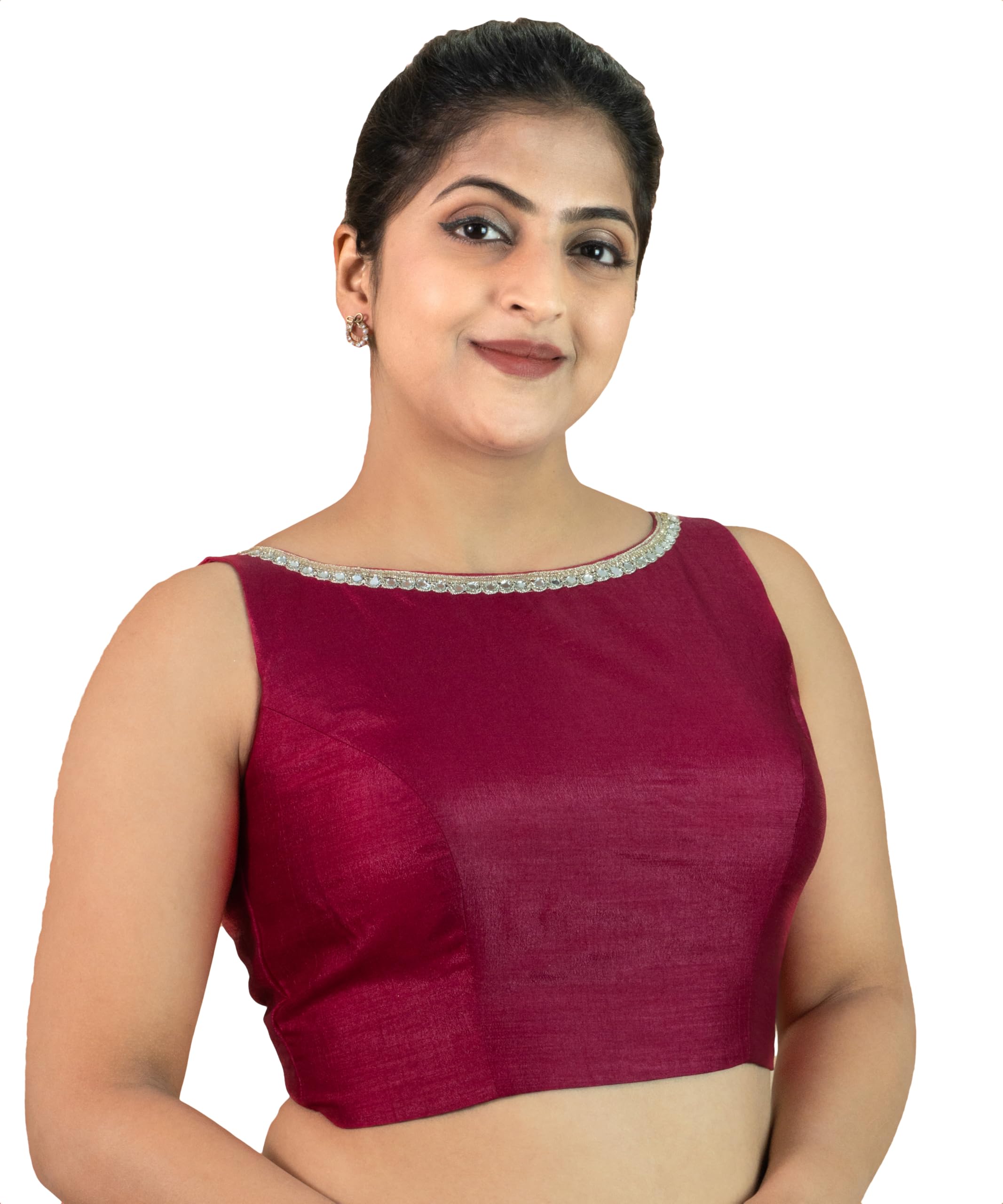 figure's designer Women's Dupion Raw Silk Sleeveless Boat Neck Zari Lace Mirror Work Neck Design Readymade Saree Blouse Padded Stitched Lining Designer Indian Festive Blouse Lavender Wine Gold | S20-picture-32