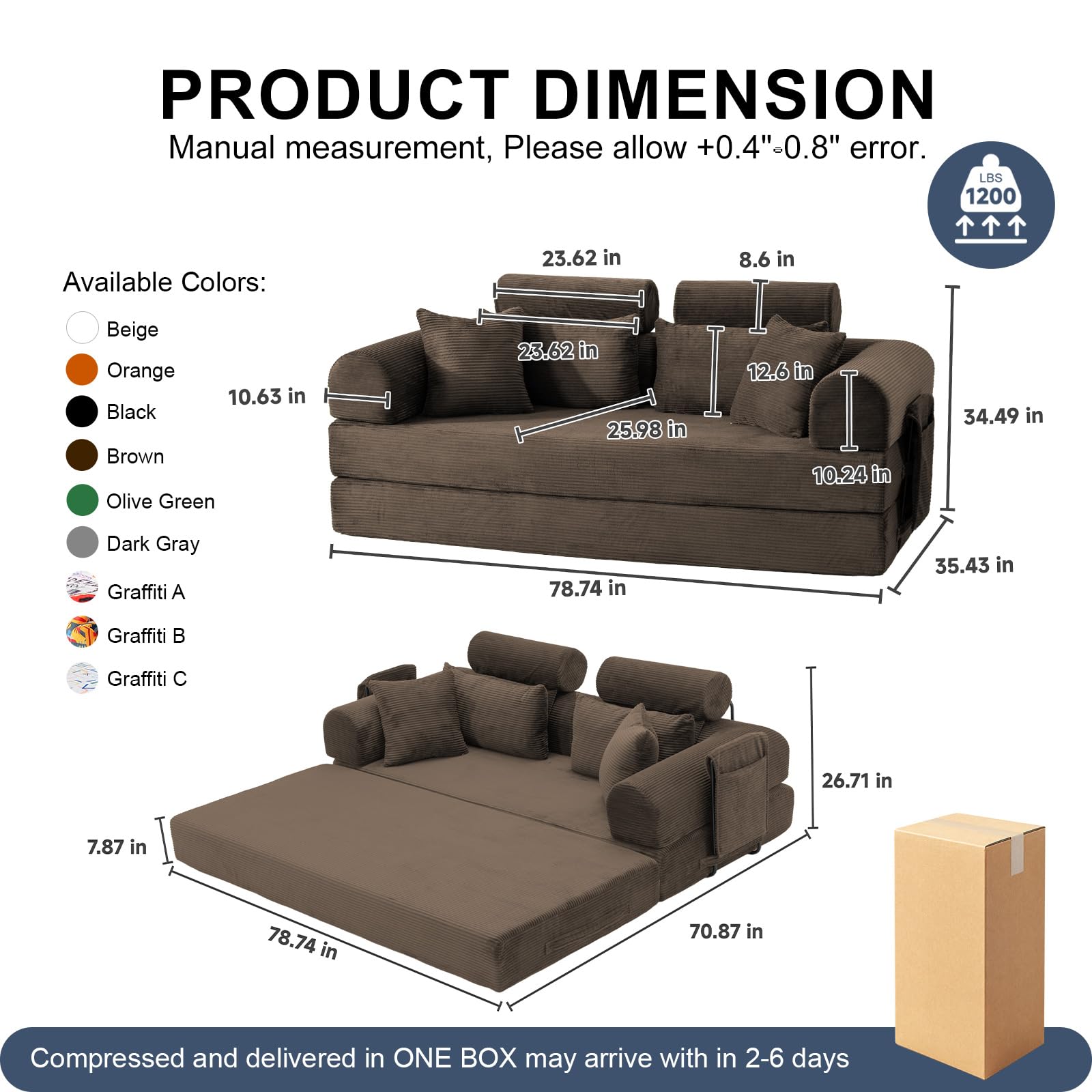 79" Convertible Futon Sofa Bed,High Back Boneless Couch for Living Room | 5-in-1 Corduroy Boneless Loveseat Sleeper, Futon Couch with Ergonomic Support & Side Storage Pocket, No Assembly,Brown
