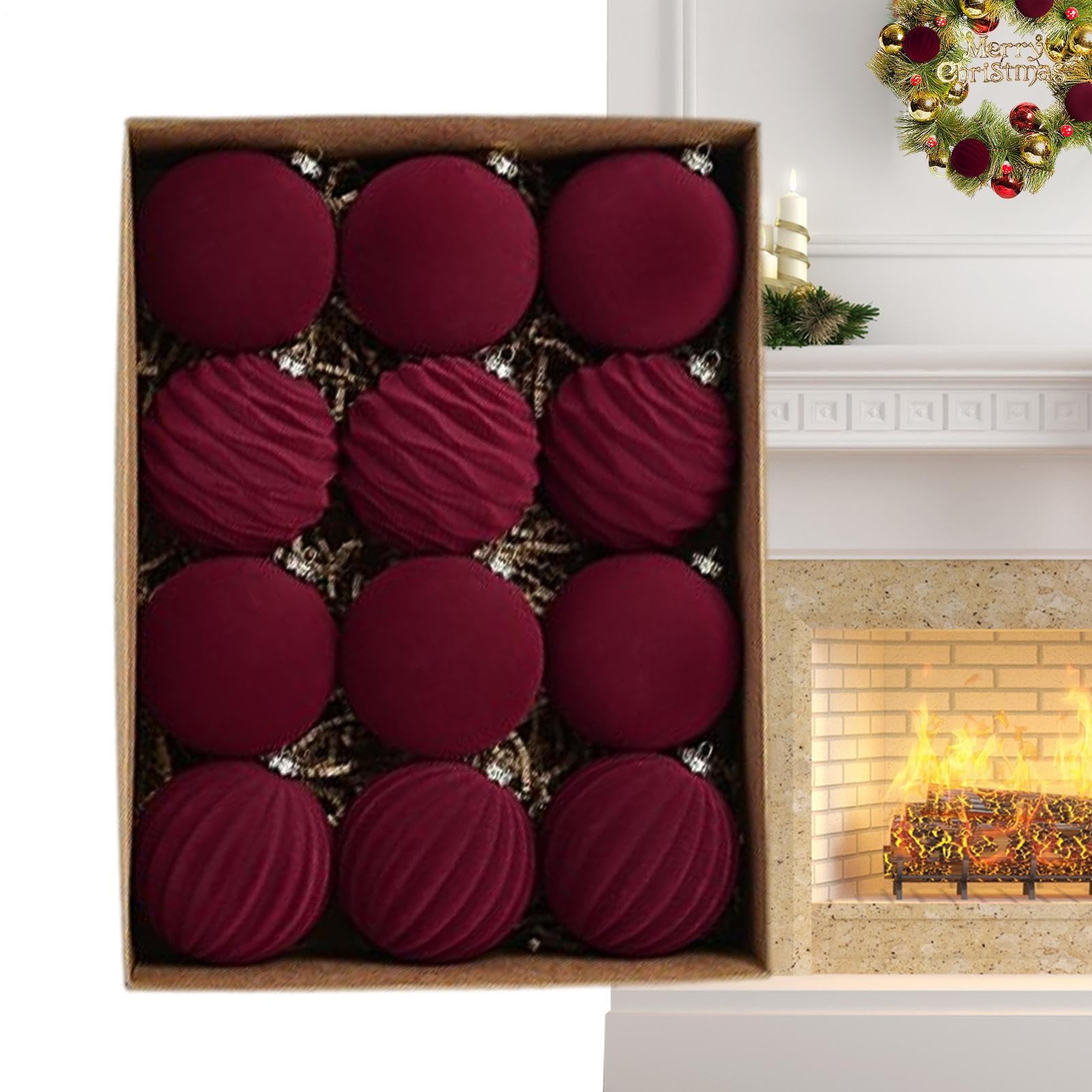 Boules de Noël flockées de 8cm en lot de 12 pièces pour décoration de sapin