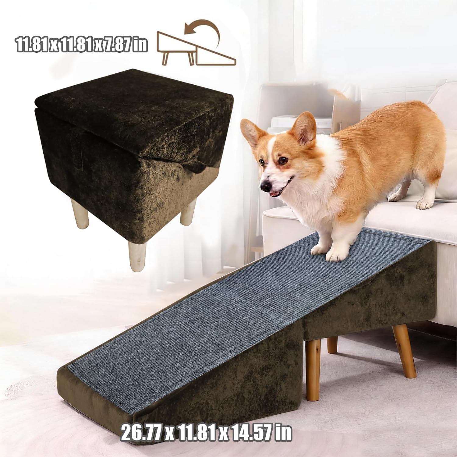 (similar )split ottoman dog ramp for small dogs and cats – 2-in-1 foldable wooden pet ramp and stairs for couch and low bed, or ottoman, non-slip and portable, brown