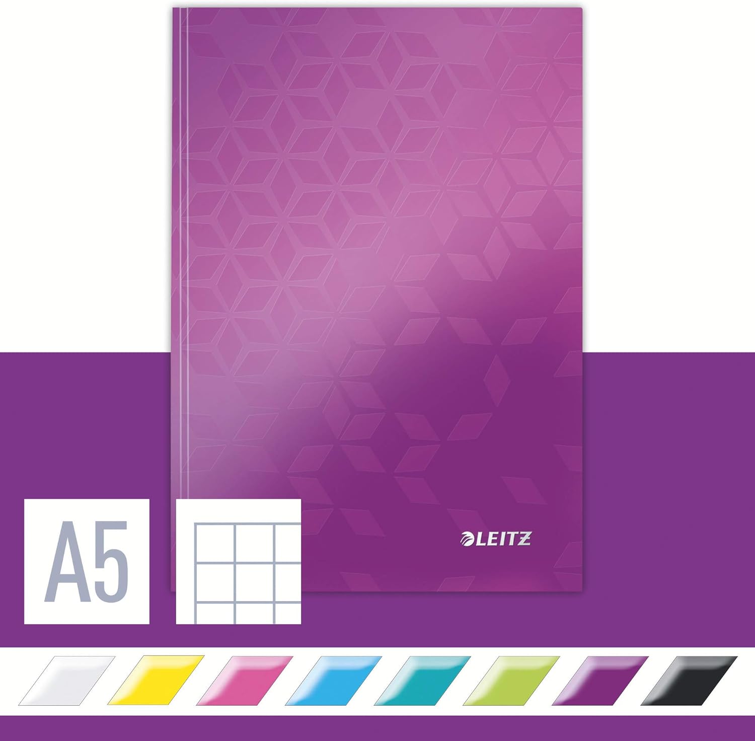 Leitz A5 Hard Cover Notebook, Purple (80 Sheets, Squared Paper, 90 gsm Ivory Paper, Wow Range)
