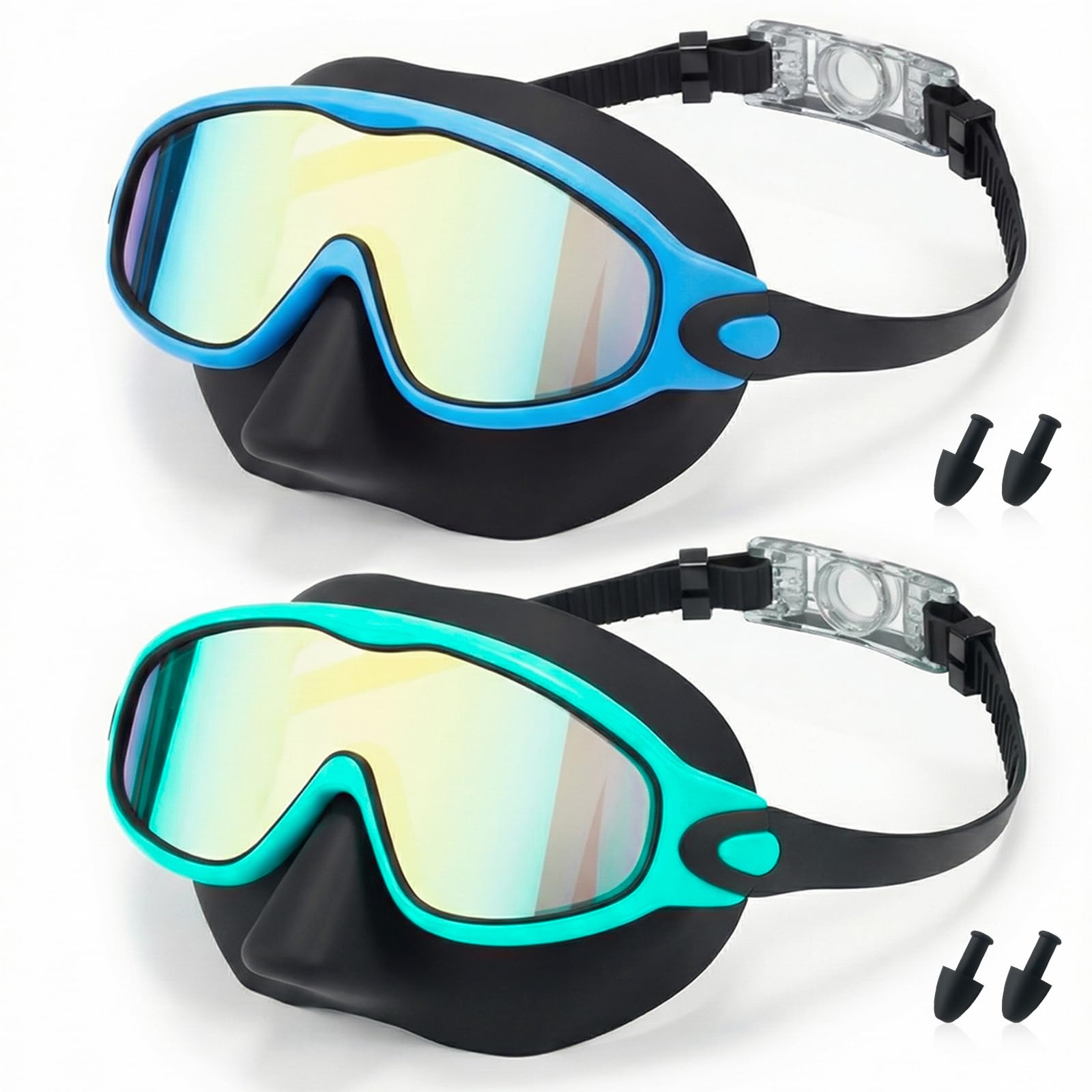 MKEOIEAU 2PCS Kids Swimming Goggles with Nose Cover, Wide View Adjustable Anti-Fog UV Protection Swim Goggle for 3-15 Boys Girls Youth — image 1
