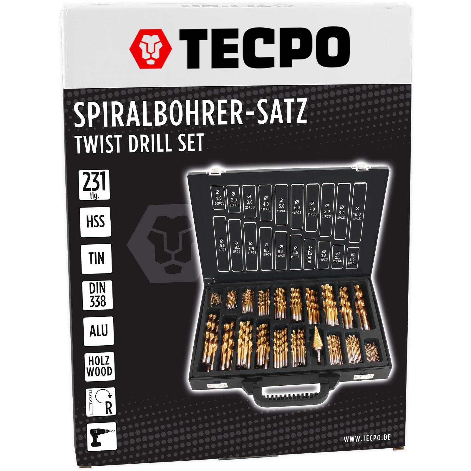 TECPO Lot de 231 forets hélicoïdaux HSS en titane nitré Ø 1-10 mm avec foret affûteur