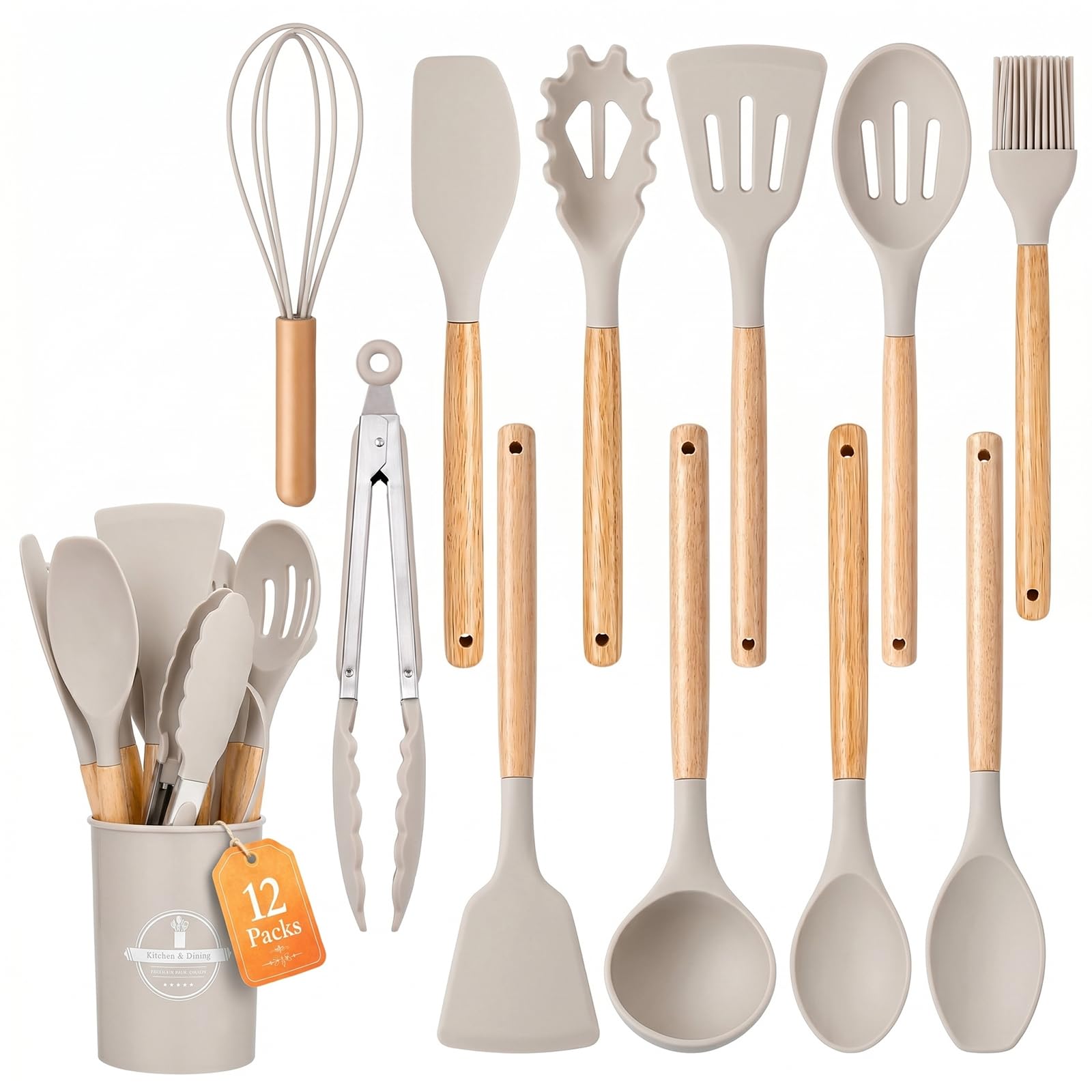 Bojury Silicone Kitchen Utensils Set, 12pcs Non Stick & Heat Resistant Cooking Set with Holder, Ladles, Spoons and Spatulas Set -Kitchen Tools & Accessories Khaki