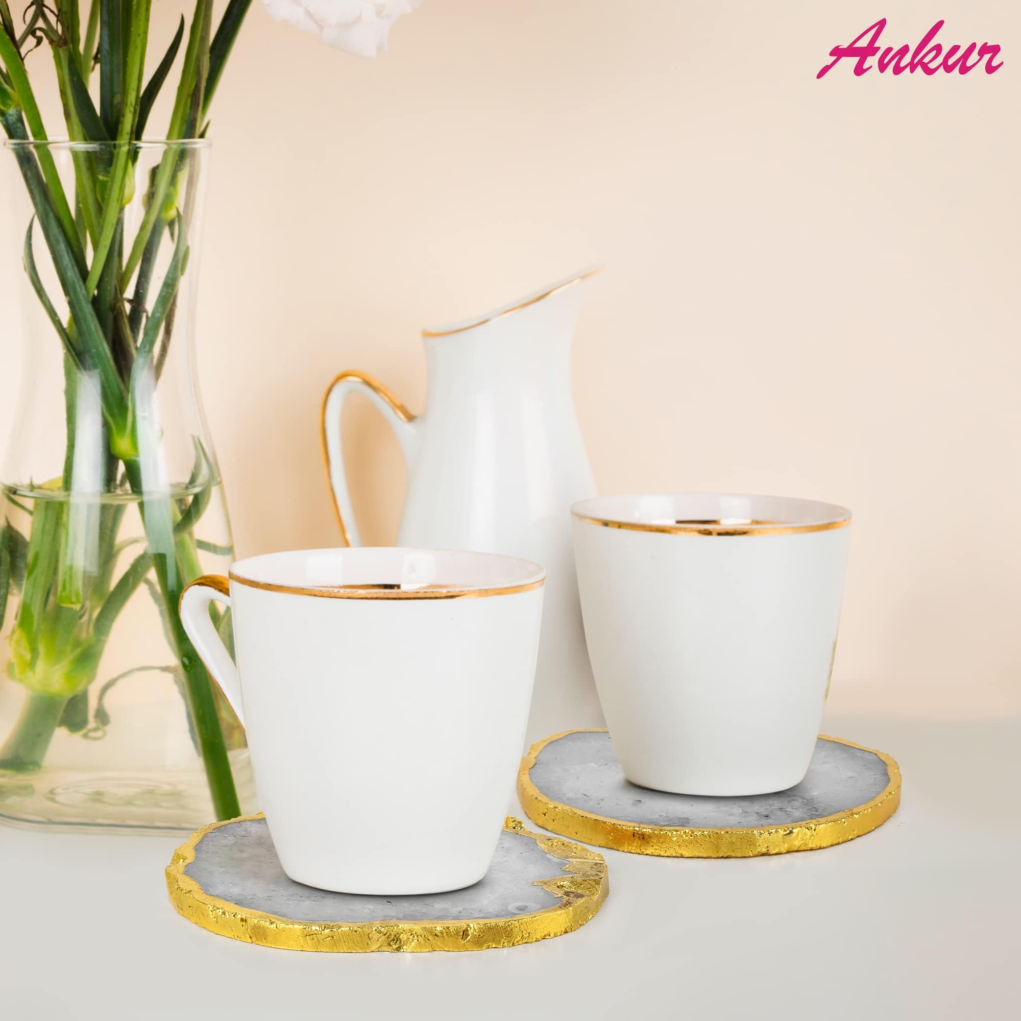 Posavasos de ágata Natural – Cristal de Piedra Preciosa Blanca brasileña con Borde Dorado | Adecuado para Mesa de café y Madera, Fiestas en casa, Regalos de Boda | Se Adapta a Cualquier Taza, Vaso,